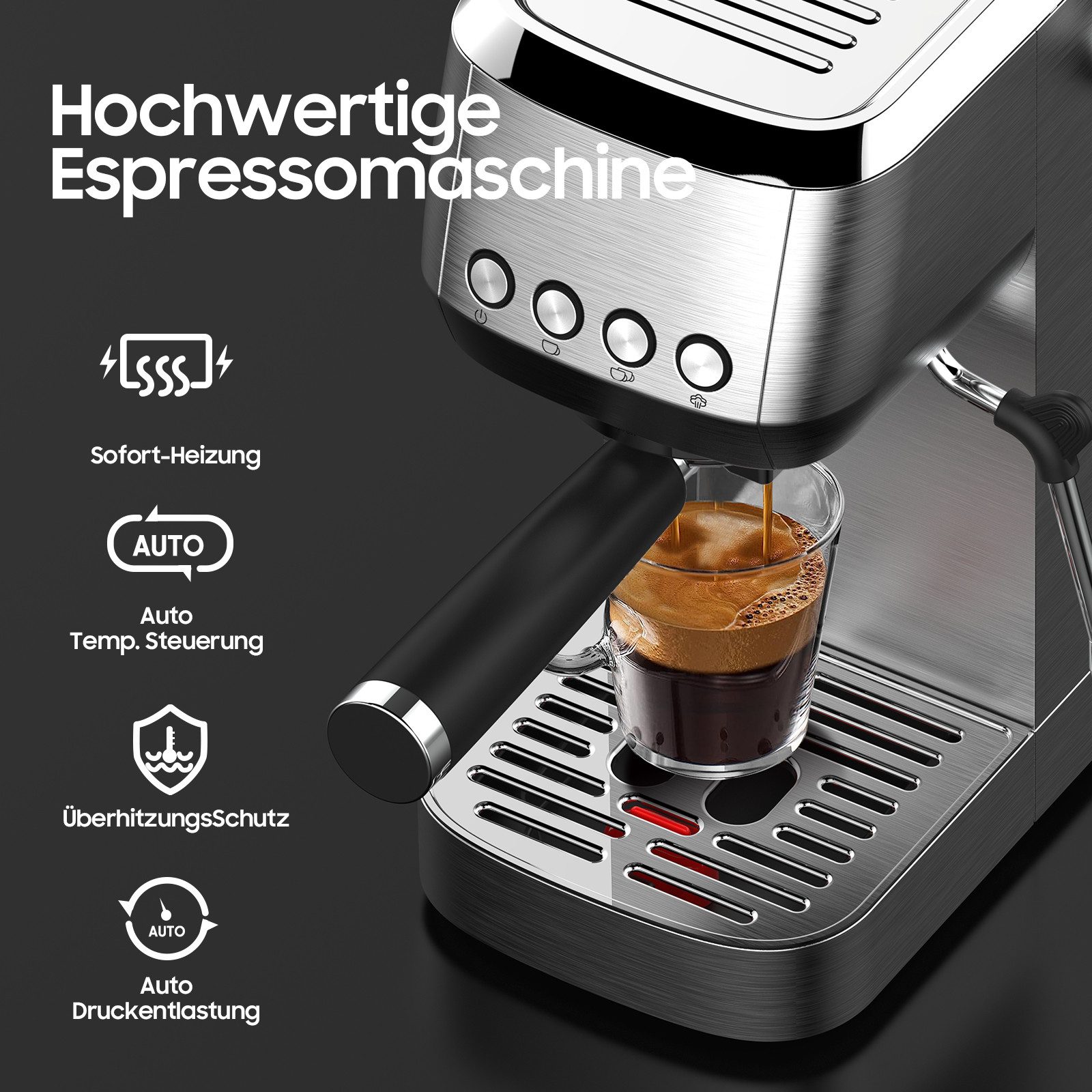 AIMAX Espressomaschine mit 20 Bar italienischer Pumpe – Professionelles Edelstahl-Design, Klassische Tastensteuerung, Milchaufschäumer, Kaffeekanne, Edelstahlfilter 51mm, 1350 W für Heim-Baristas – 1,3L Wassertank für Latte & Cappuccino