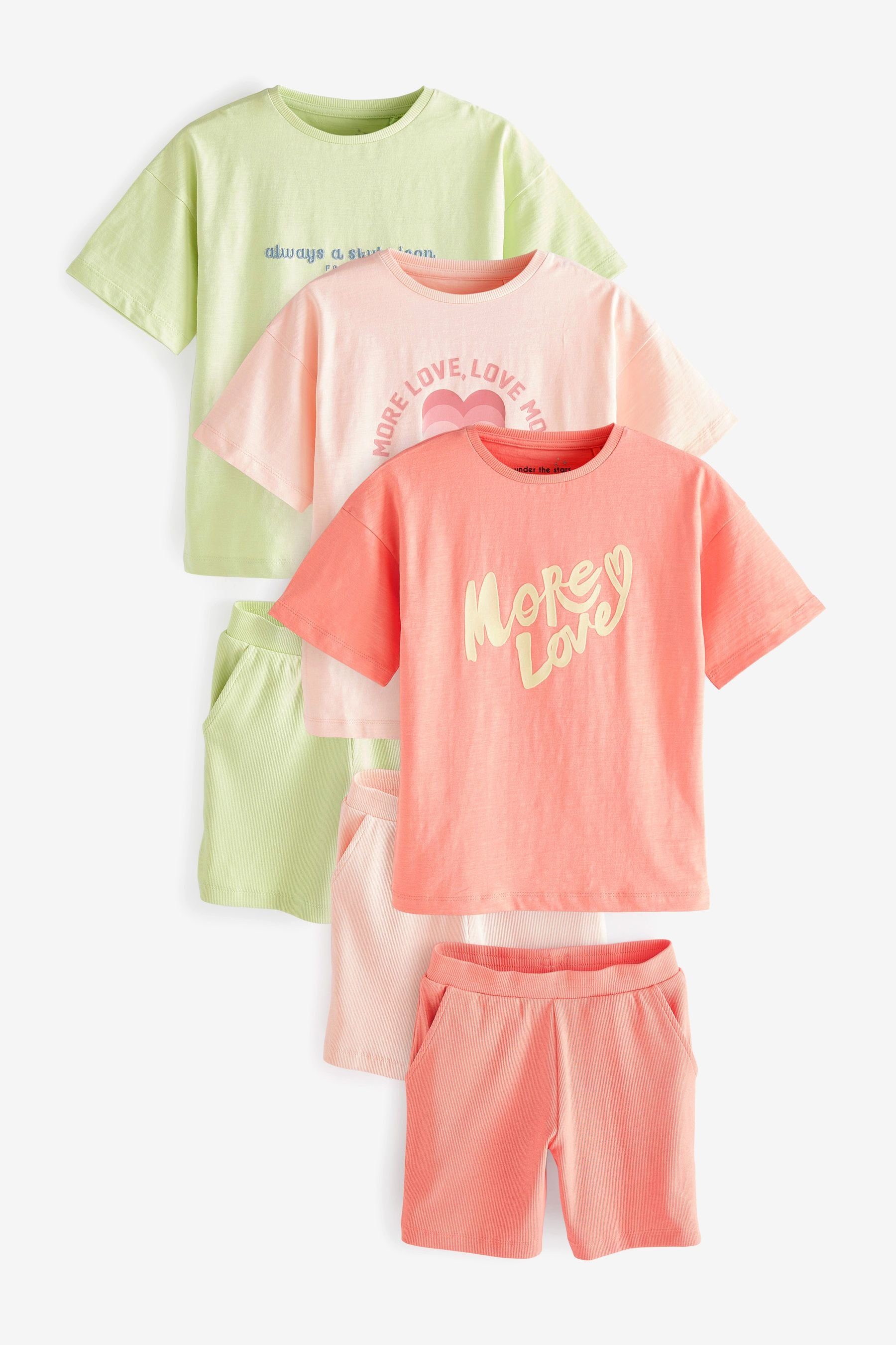 Next Pyjama Kurzer Schlafanzug im 3er-Pack (6 tlg) Orange/Pink/Green Slogan
