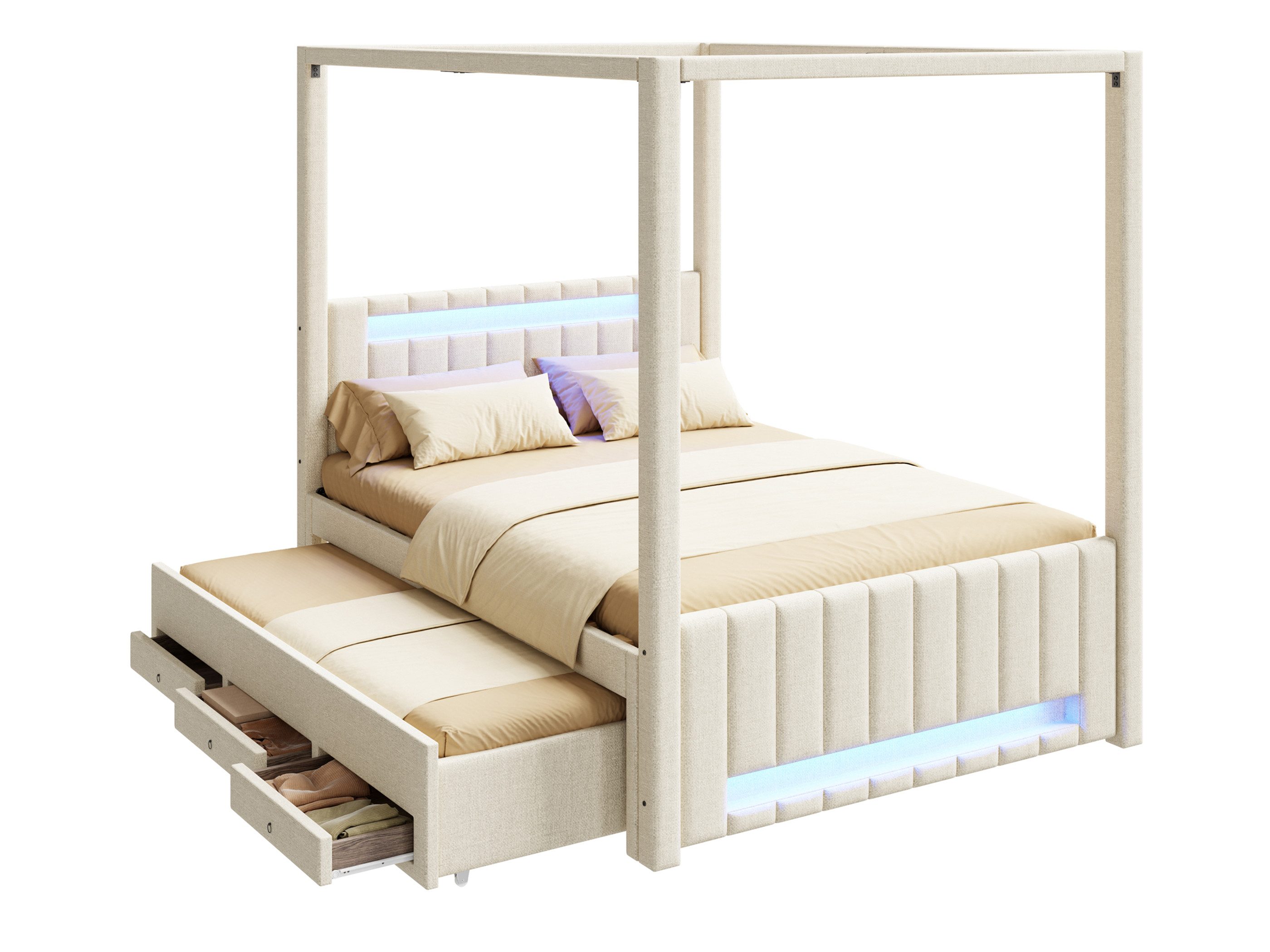 SeedWave Polsterbett Leinenbezug Himmelbett mit Ausziehbett, LED-Beleuchtung, 140×200cm, Doppelbett mit Schubladen