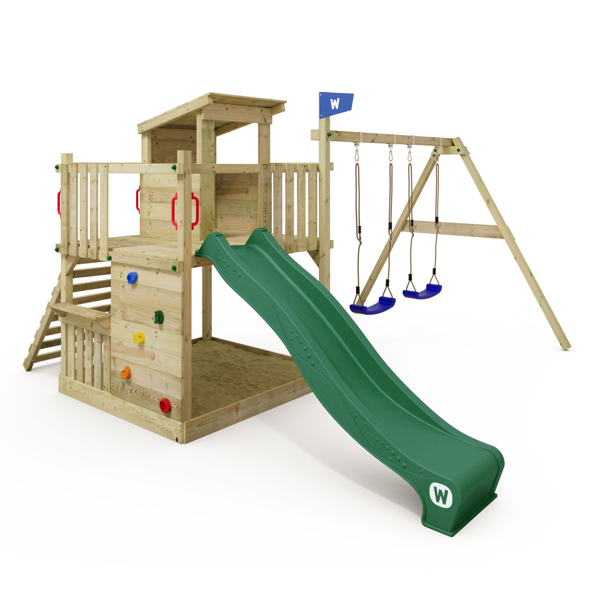 Wickey Klettergerüst Spielturm Smart Cabin mit Rutsche und großem Sandkasten, 10-jahre Garantie*, Spielhaus mit flachem Holzdach und Sitzbank grün
