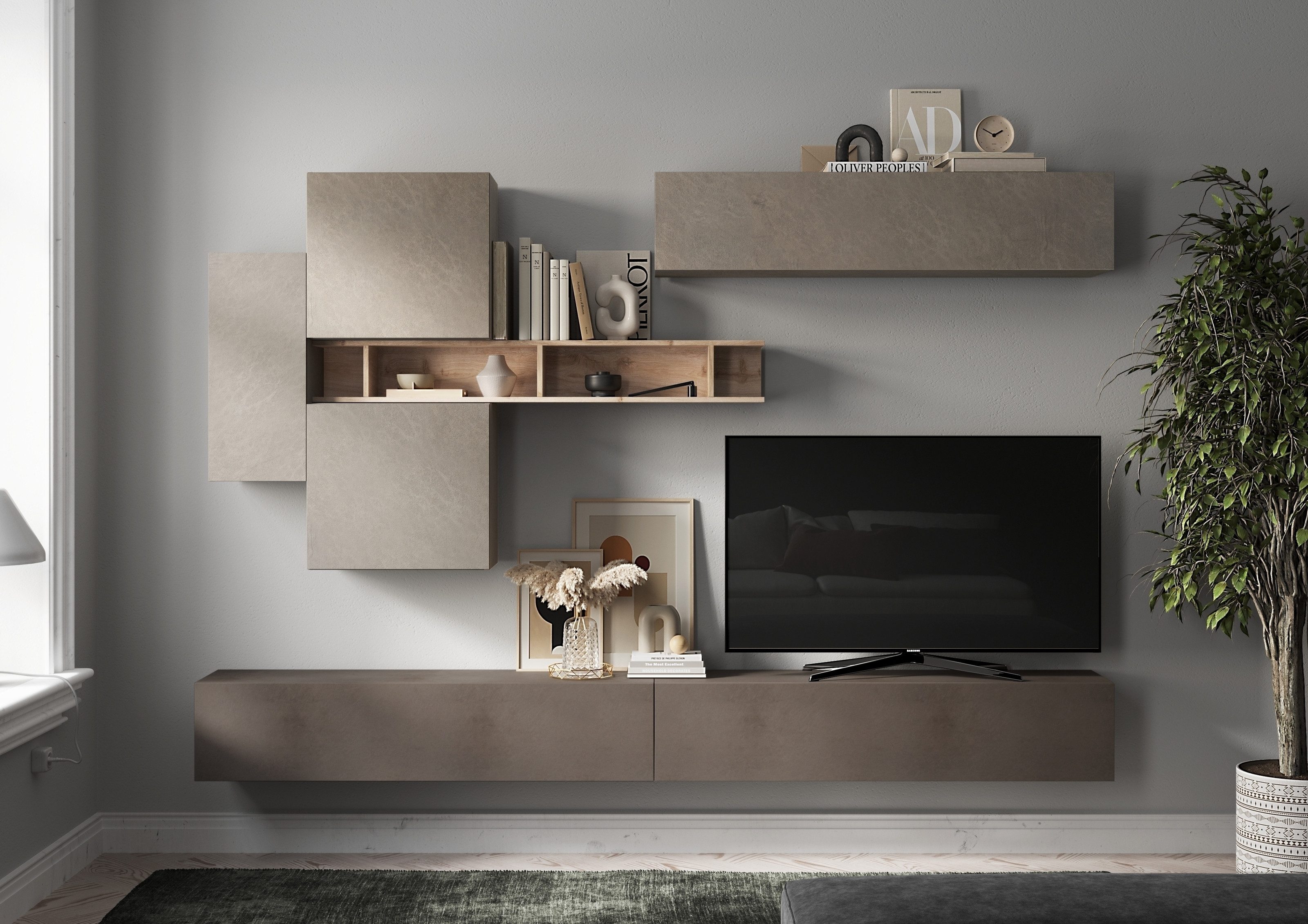freiraum Wohnwand Ilary, in Argilla / Bronzo / Eiche Cadiz Nachbildung, Holzwerkstoff
