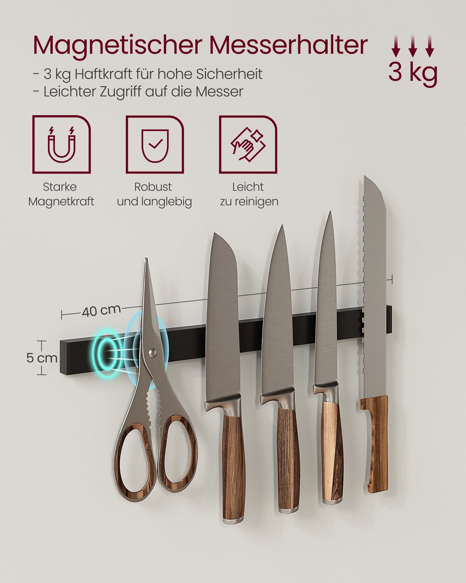 VASAGLE Standregal, Küchenregal, mit Magnetleiste Rollenhalter Drahtkorb, Ebenholzfarben-Schwarz Messer, für