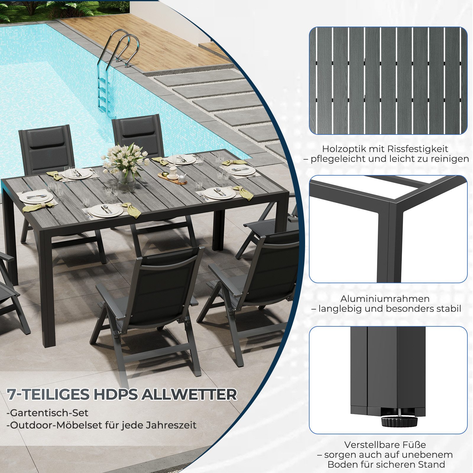 HOMALL Garten-Essgruppe Gartenmöbel Set aus klappbarer Armlehnstuhl und Aluminium Gartentisch, (7-tlg., 6 Klappstuhl (bis 160kg), 1Tisch (bis 100kg), Aluminium, – Bild 3 von 5