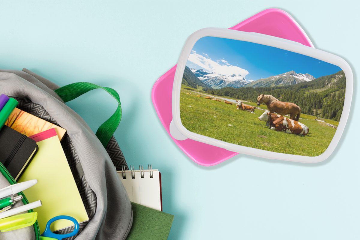 MuchoWow Lunchbox Kühe - rosa für Alpen, Snackbox, Brotdose Pferde Mädchen, - Erwachsene, Brotbox (2-tlg), Kunststoff Kunststoff, Kinder