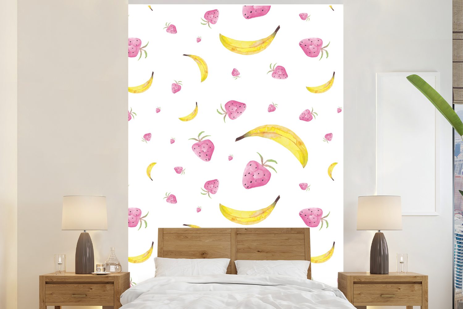 MuchoWow Fototapete Banane - Erdbeere - Aquarell, Matt, bedruckt, (3 St), Montagefertig Vinyl Tapete für Wohnzimmer, Wandtapete