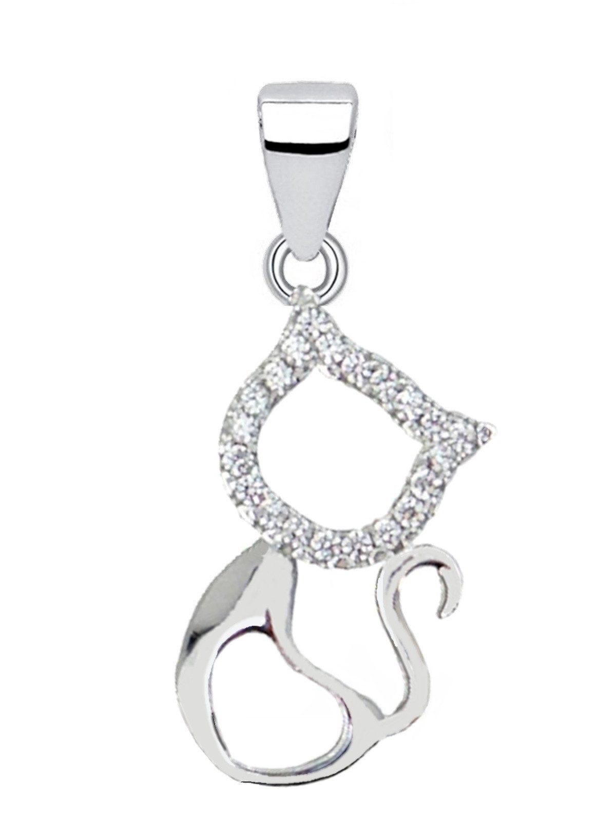 Kettenanhänger Silber Katze Herz mit Zirkonia Kater Anhänger 925 Sterling