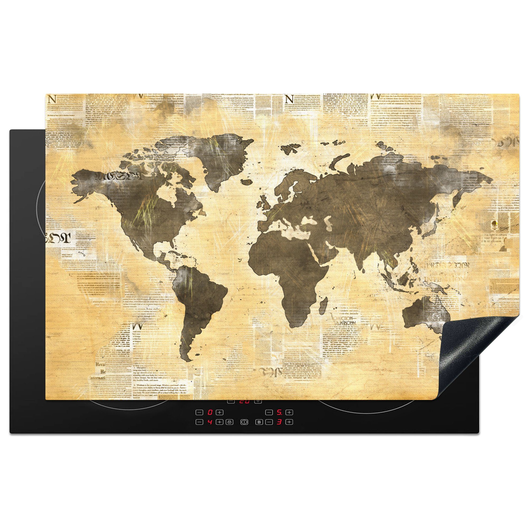 MuchoWow Herdblende-/Abdeckplatte Weltkarte - Zeitung - Gold, Vinyl, (1 tlg), 81x52 cm, Induktionskochfeld Schutz für die küche, Ceranfeldabdeckung