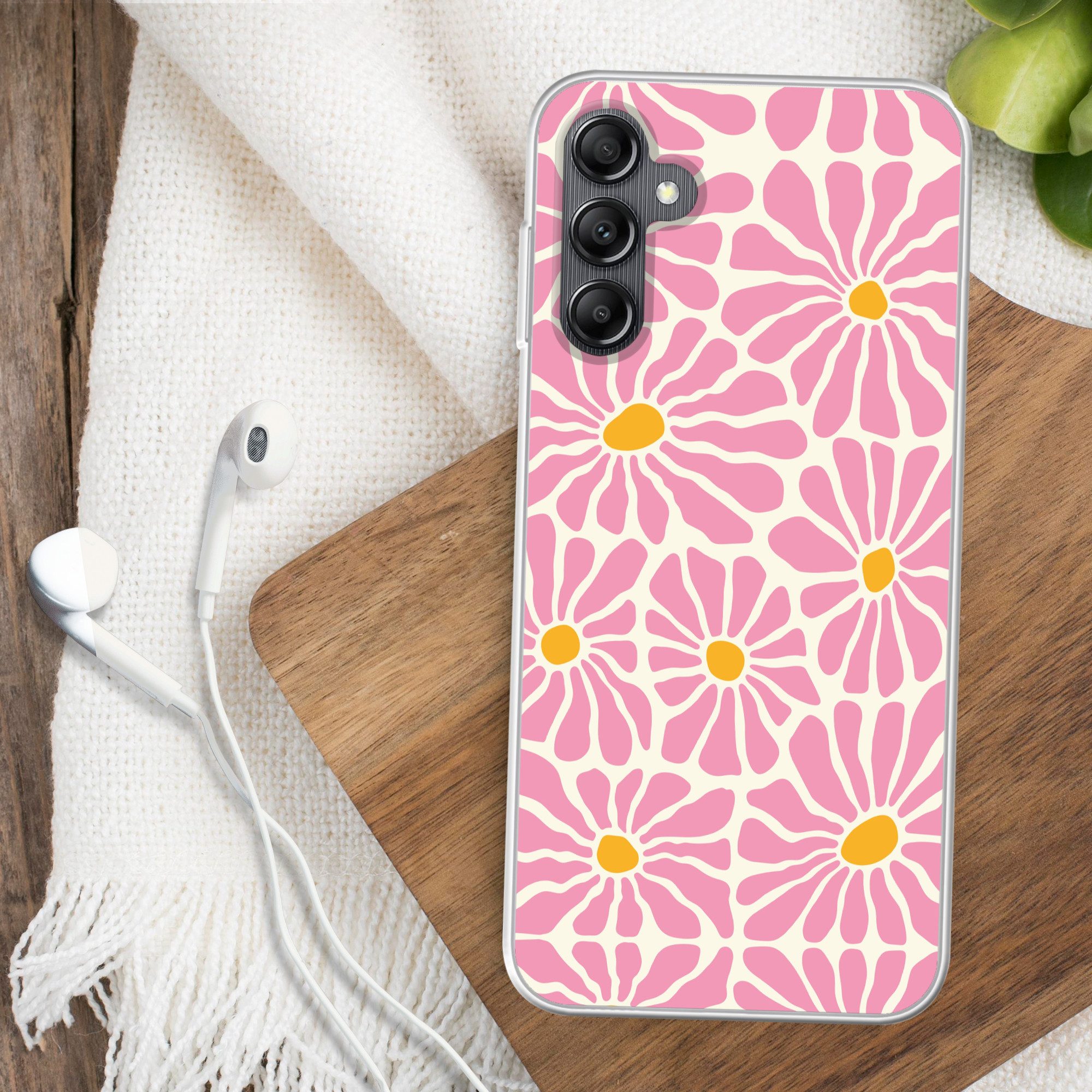 MuchoWow Handyhülle für Samsung Galaxy A14 5G Blumen - Muster - Rosa - Beige - Orange, Smartphone-Bumper, Print, Handy Schutzhülle Dünn