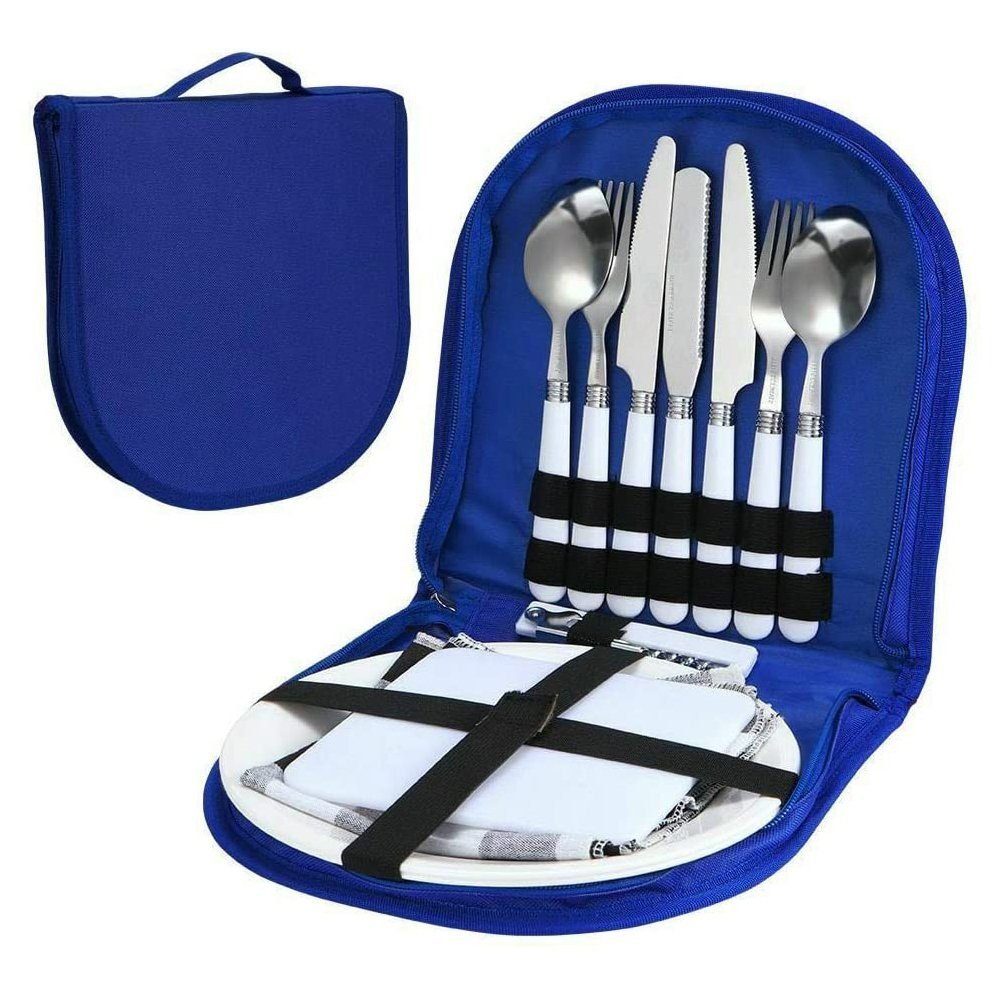 TUABUR Silber Edelstahl Portable Geschirr blau Geschirr-Set Picknick Reise Set Geschirr