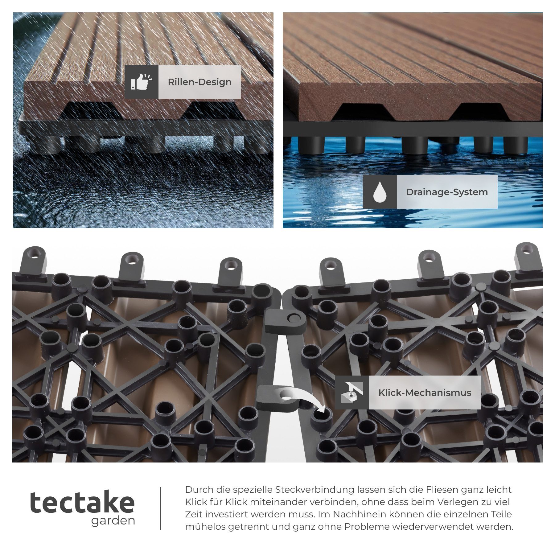 tectake Terrassendielen Terrassenfliesen 22er Set im Klicksystem, 31 x 31 x 2,2 cm, 2,1142 m², BxL: je 31,00x31,00 cm, (Terrassenplatten Außenbereich Tegulas, 2 – Bild 5 von 5