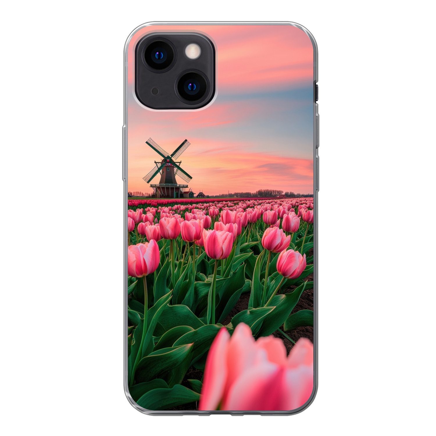 MuchoWow Handyhülle für Apple iPhone 13 mini Tulpen - Mühle - Niederlande, Smartphone-Bumper, Print, Handy Schutzhülle Dünn