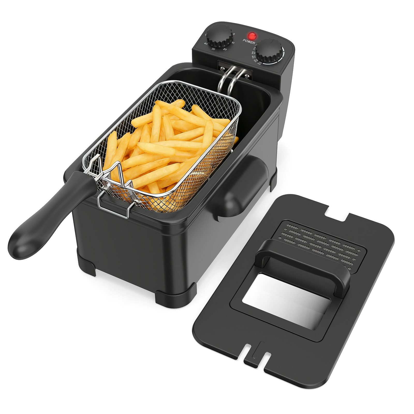 COSTWAY Fritteuse, 2000 W, 3L Frittiertopf mit Öl, Korb & Deckel & Timer