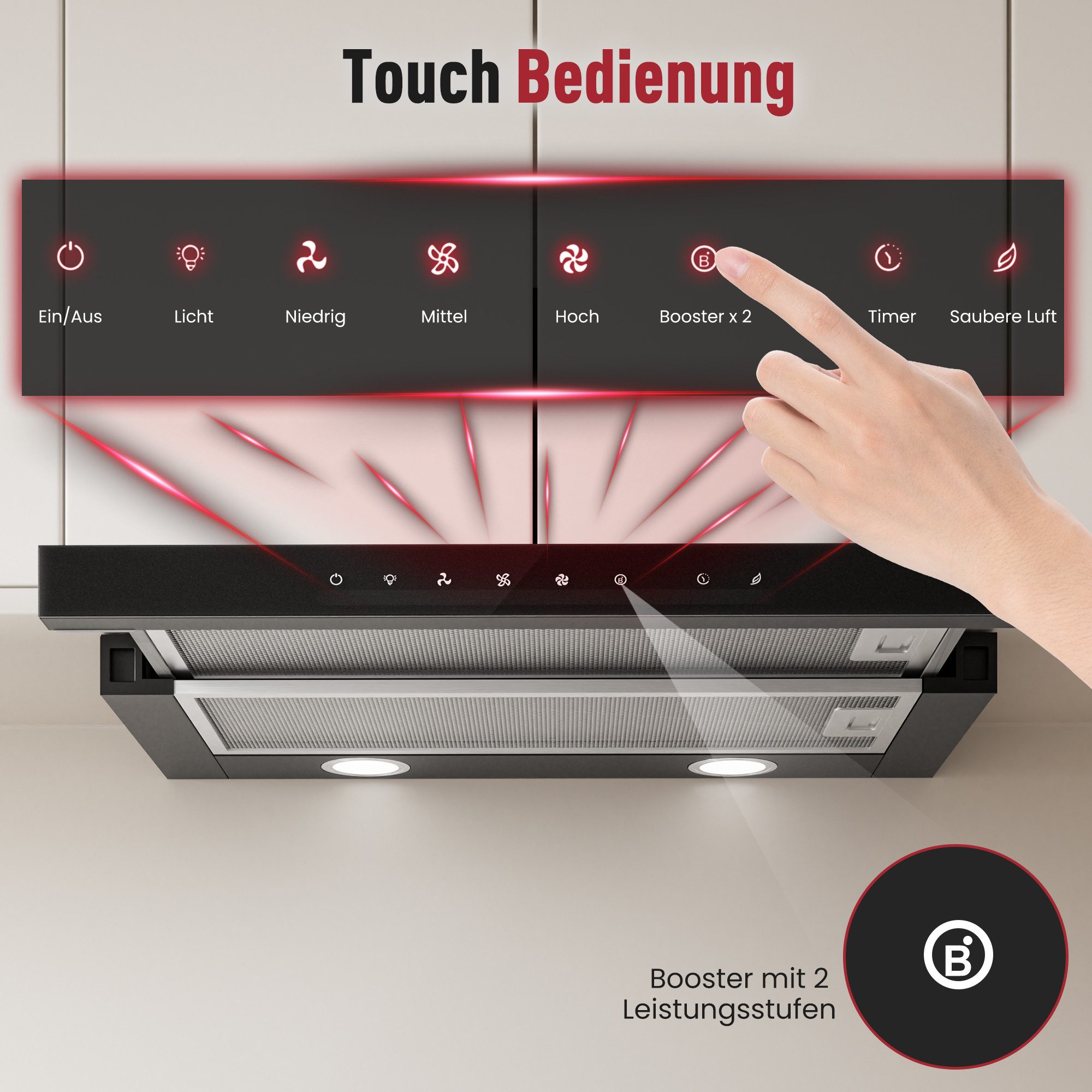 Levivo Flachschirmhaube A+++ 750 m³/h Dunstabzugshaube 60cm Umluft & Abluft A+++ 750 m³/h Dunstabzugshaube 60cm Umluft & Abluft, Aktivkohlefiltern, Fettfiltern, LED-Beleuchtung