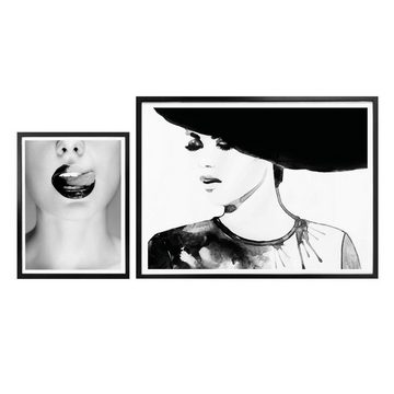 K&L Wall Art Poster Poster Collage + Bilderrahmen Schwarz-Weiß Fashion 2er Set, Wohnzimmer Wandbild modern