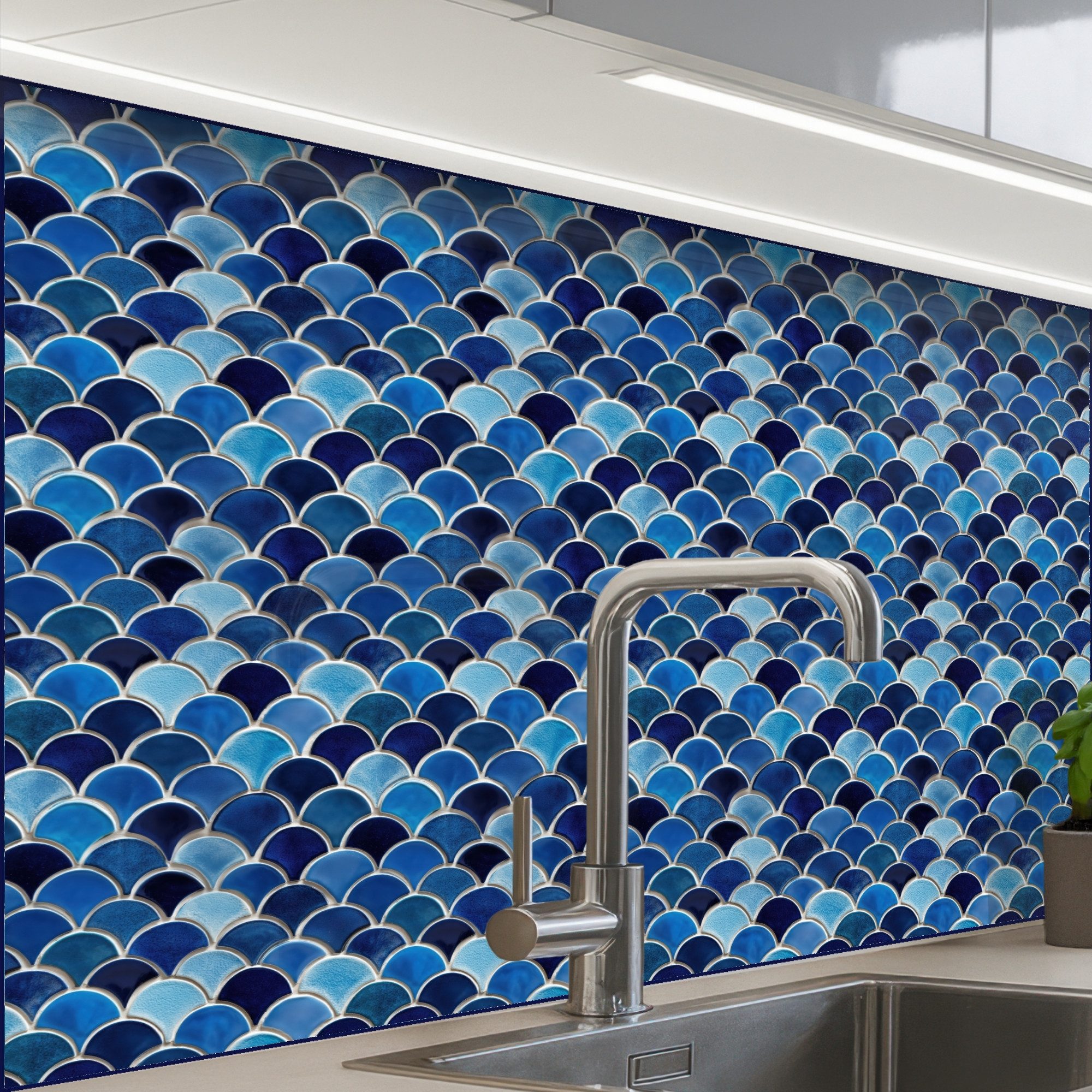 KitchenYeah Küchenrückwand Muster selbstklebend (keine Folie) Muster - Fischschuppen - Blau, (1-tlg), Spritzschutz, Küche, Rückwand, Küchenwand, Küchenfront, 30x20 cm