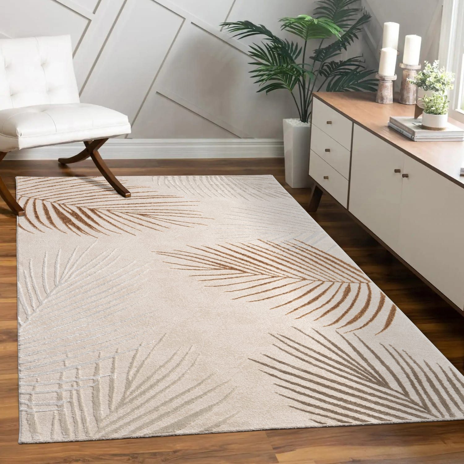 KADIMA DESIGN Teppich Blätter Wohnzimmer schmutzabweisend Teppich Kurzflor, Rechteckig, Höhe: 15 mm, Florhöhe: 11 mm, 60% Polypropylen, 40% Polyester, 160x230, Beige