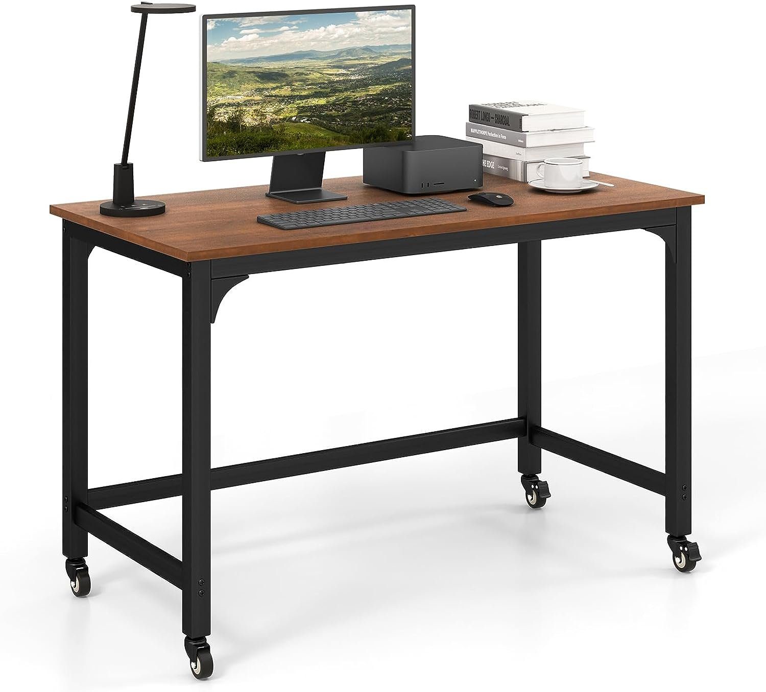 COSTWAY Schreibtisch, mit verdickter 120cm Tischplatte & Rollen, bis 95kg
