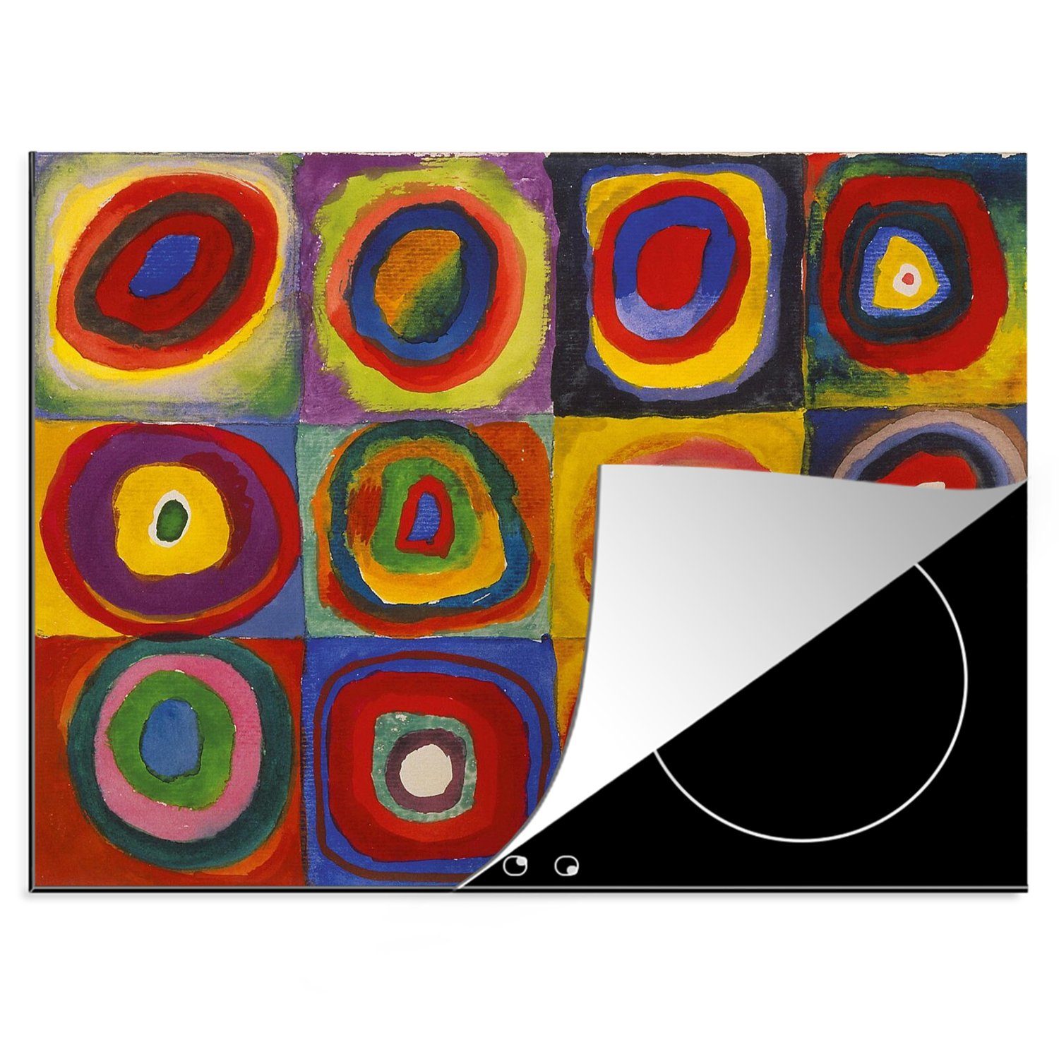 MuchoWow Herdblende-/Abdeckplatte Quadrate mit Kreisen; eine Farbstudie - Gemälde von Wassily Kandinsky, Vinyl, (1 tlg), 70x52 cm, Mobile Arbeitsfläche nutzbar, Ceranfeldabdeckung