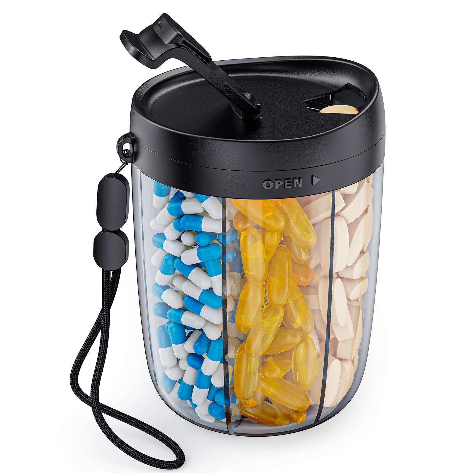 FOUORTUNATE-BEE Pillendose Tablettenbox Rund Pillendose 6 Fächer mit Großen Separaten Fächern (tragbare Medikamentenbox)