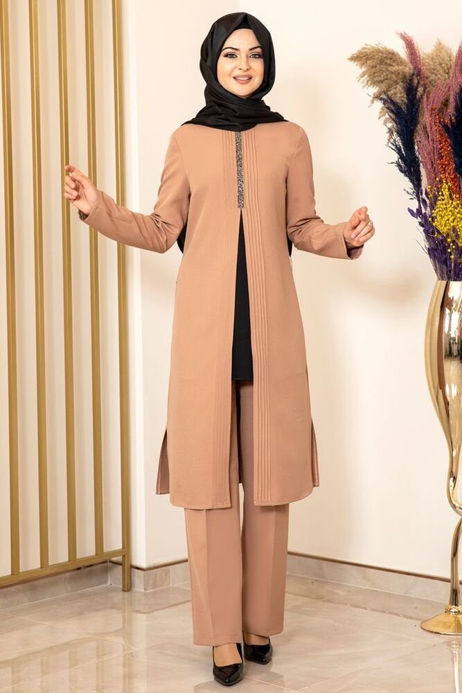 fashionshowcase Anzug Damen Zweiteiler - Gerippte Longtunika mit Hose - Modest Fashion