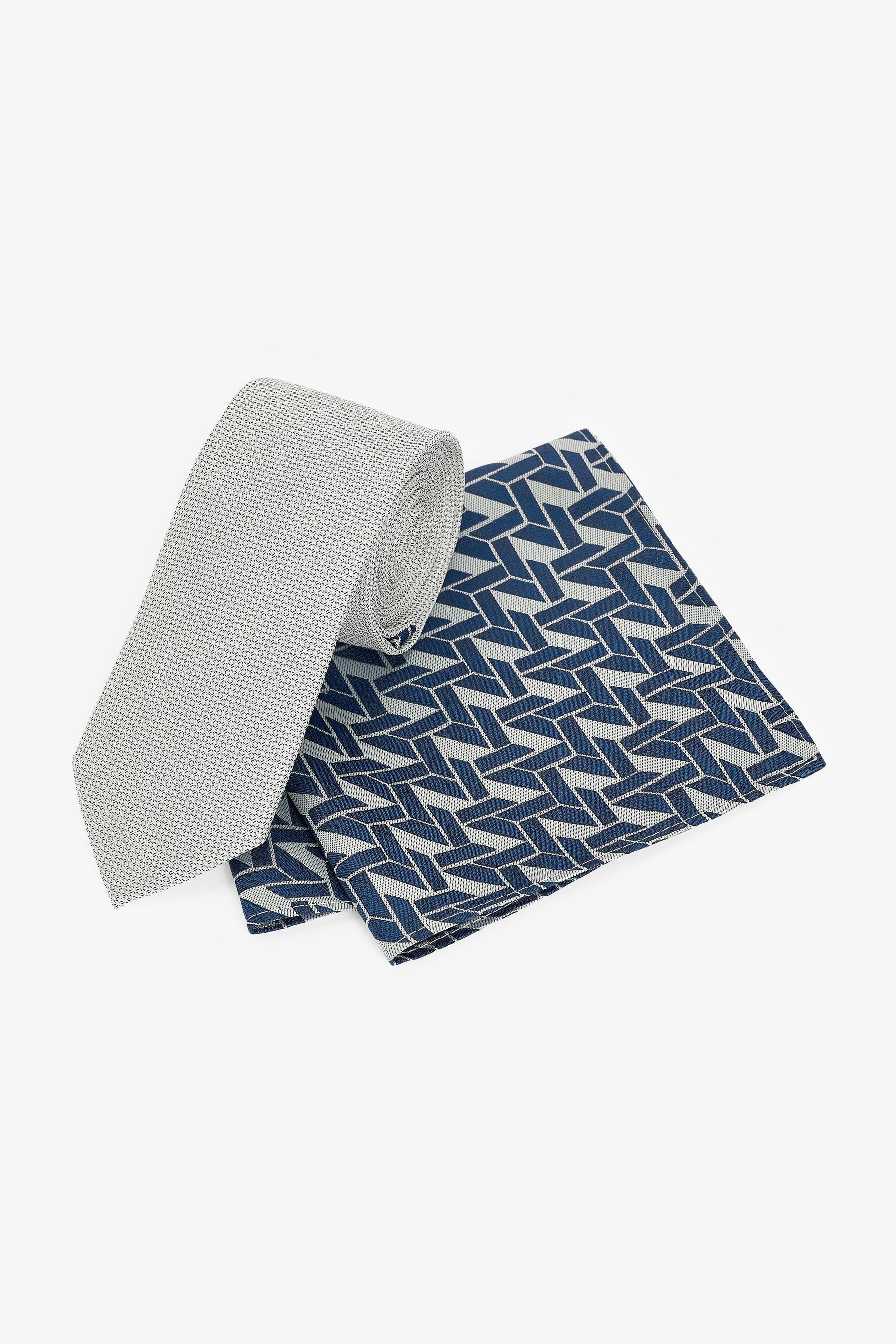 Next Krawatte Krawatte und Einstecktuch im Set - Slim (2-St) Silver Grey/Blue Geometric