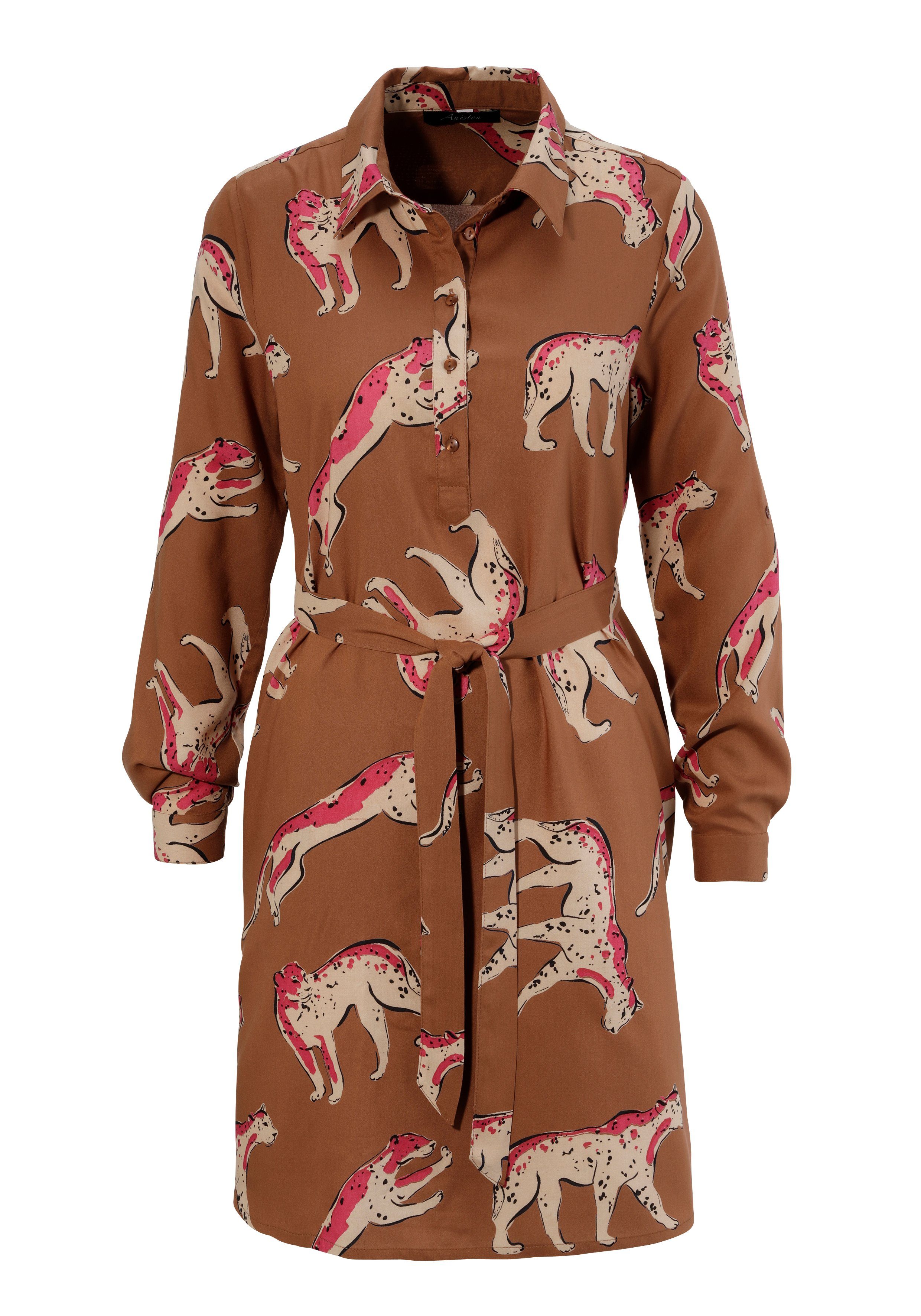 bedruckt CASUAL Blusenkleid mit kunstvollen Bindegürtel) Aniston Raubkatzen (mit