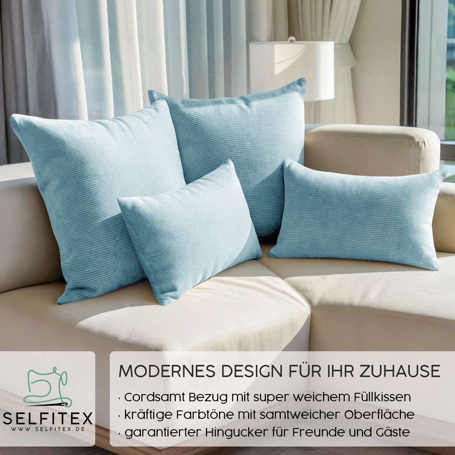 Selfitex Dekokissen 4er Set Cord Kissen inkl. Füllkissen, 2x 50x50 & 2x 30x50, robuster Bezug mit satten Farben, weiches Füllkissen