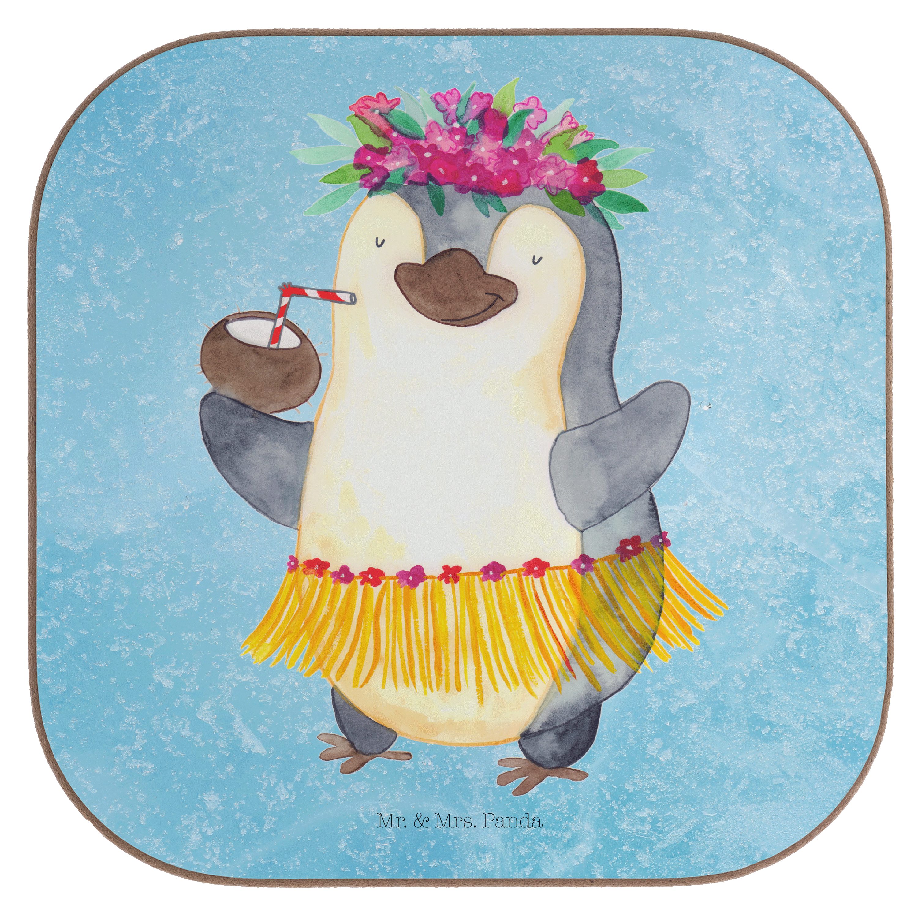 Mr. & Mrs. Panda Getränkeuntersetzer Pinguin Kokosnuss - Eisblau - Geschenk, Hawaii, Glasuntersetzer, Feri, 1-tlg.