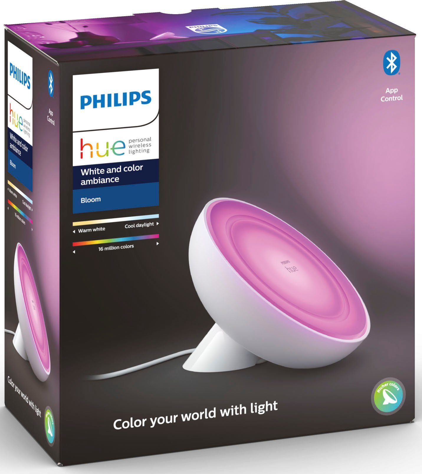 Philips Hue LED Tischleuchte Warmweiß, Neutralweiß, Kaltweiß, Smart Dimmfunktion, Home, Tischleuchte, integriert, Bloom, weiß, LED fest Ein-/Ausschalter, Bluetooth, LED Lumen Farbsteuerung, Farbwechsler, 500