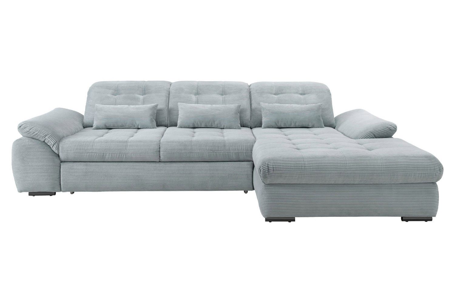 Ecksofa RIGATTI, Aqua, Cordbezug, Kopfteilverstellung, manuelle Sitztiefenverstellung, Bettkasten, B 314 x H 104 x T 184 cm