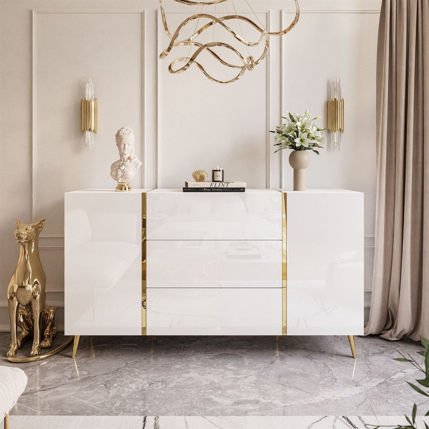 Lookway Kommode ONYX goldene Beine Hochglanz Push-Open / Goldgriffe 158 cm