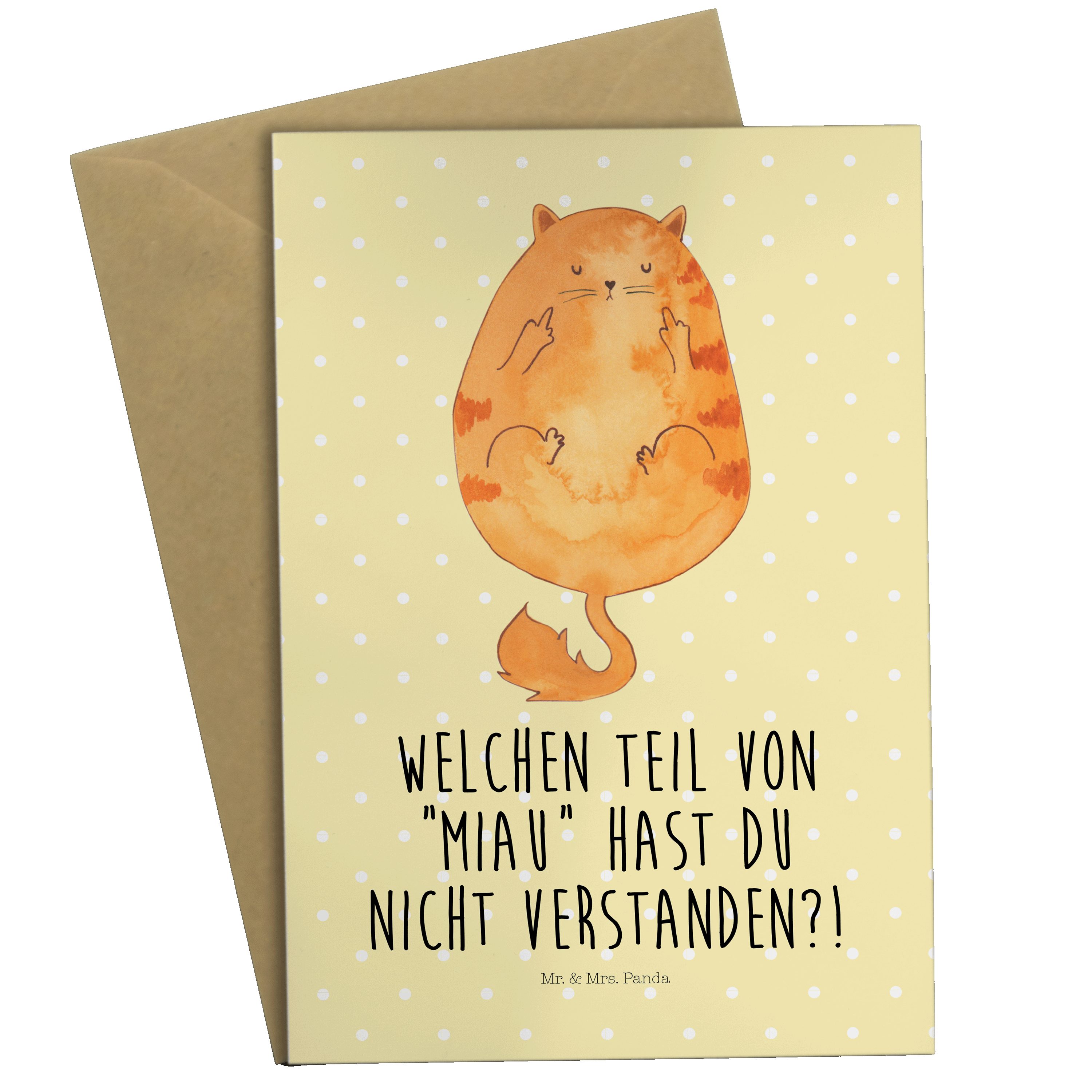 Mr. & Mrs. Panda Grußkarte Katze Mittelfinger - Gelb Pastell - Geschenk, Glückwunschkarte, miau