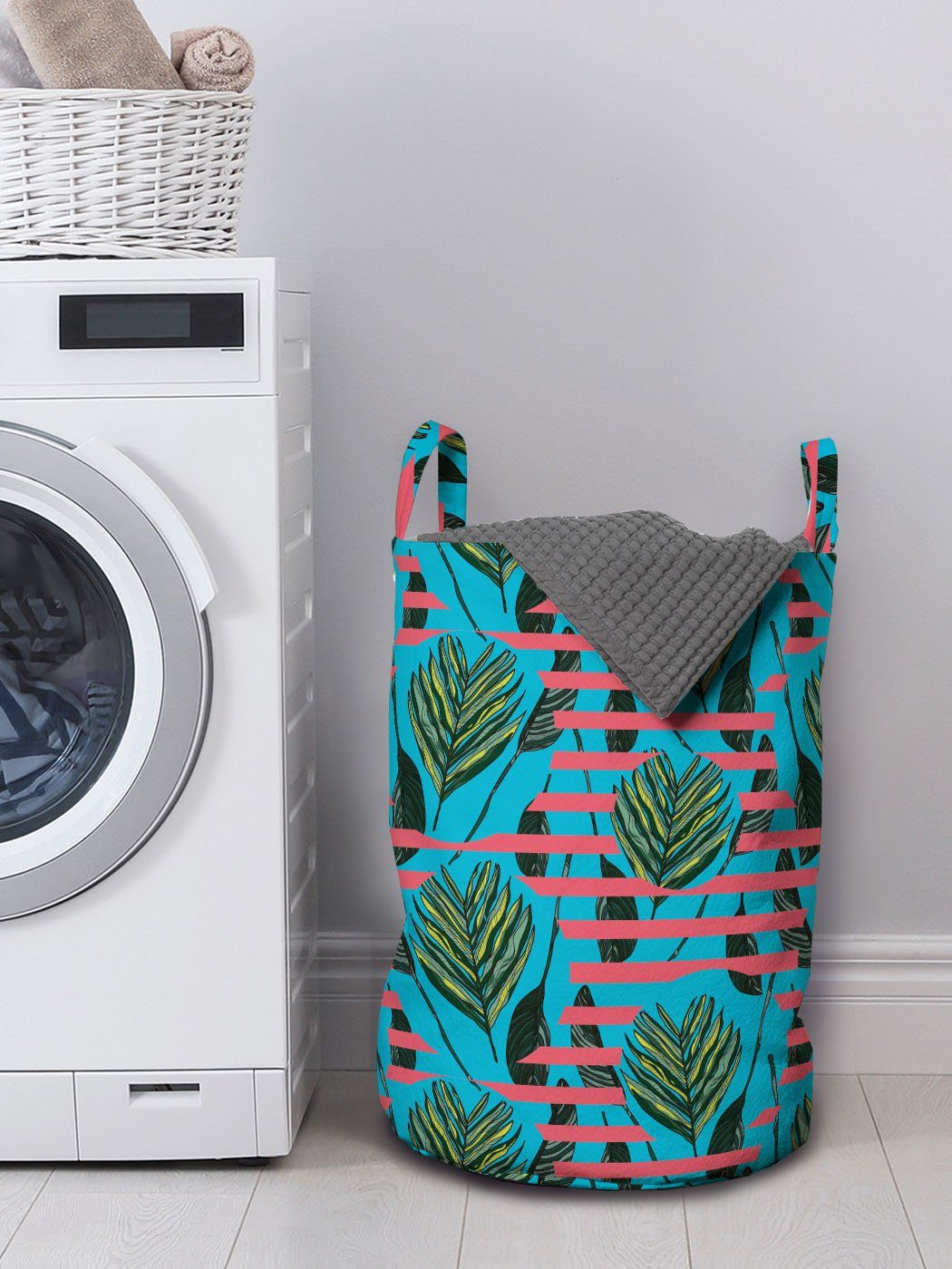 Moderne für Wäschesäckchen Exotisch Tropic Blätter Streifen Abakuhaus Wäschekorb Waschsalons, mit Kordelzugverschluss Griffen