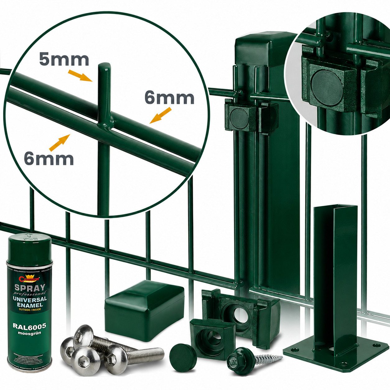 Roysson Garden Doppelstabmattenzaun 6/5/6 Komplett-Set inkl. Pfosten mit Fußplatten – RAL 6005 Grün, (Set), pulverbeschichtet, UV-beständig, rost- und korrosionsbeständig