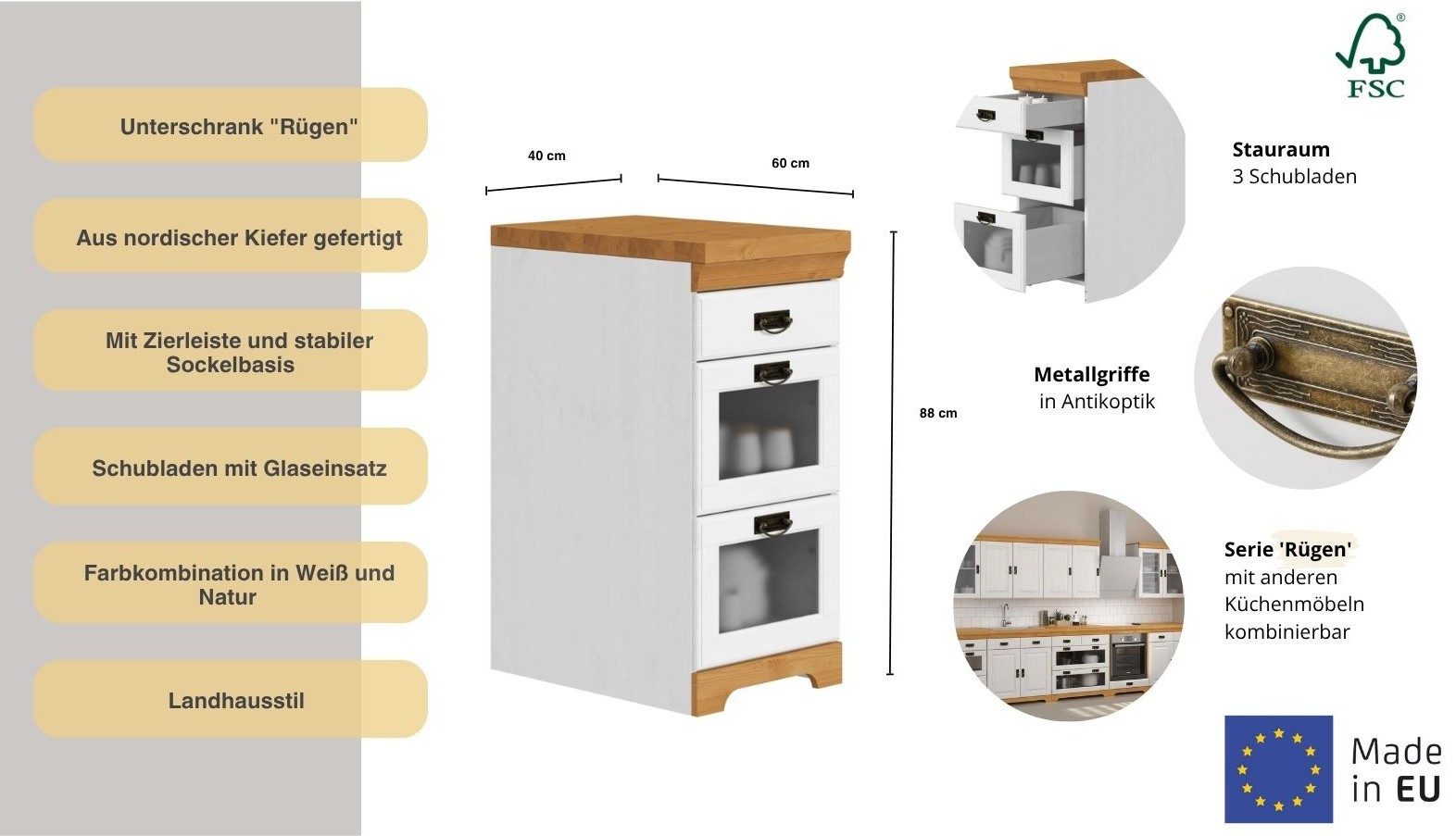 OTTO home Unterschrank Rügen Breite 40 cm, FSC® zertifiziert, Schubkästen mit Glaseinsatz