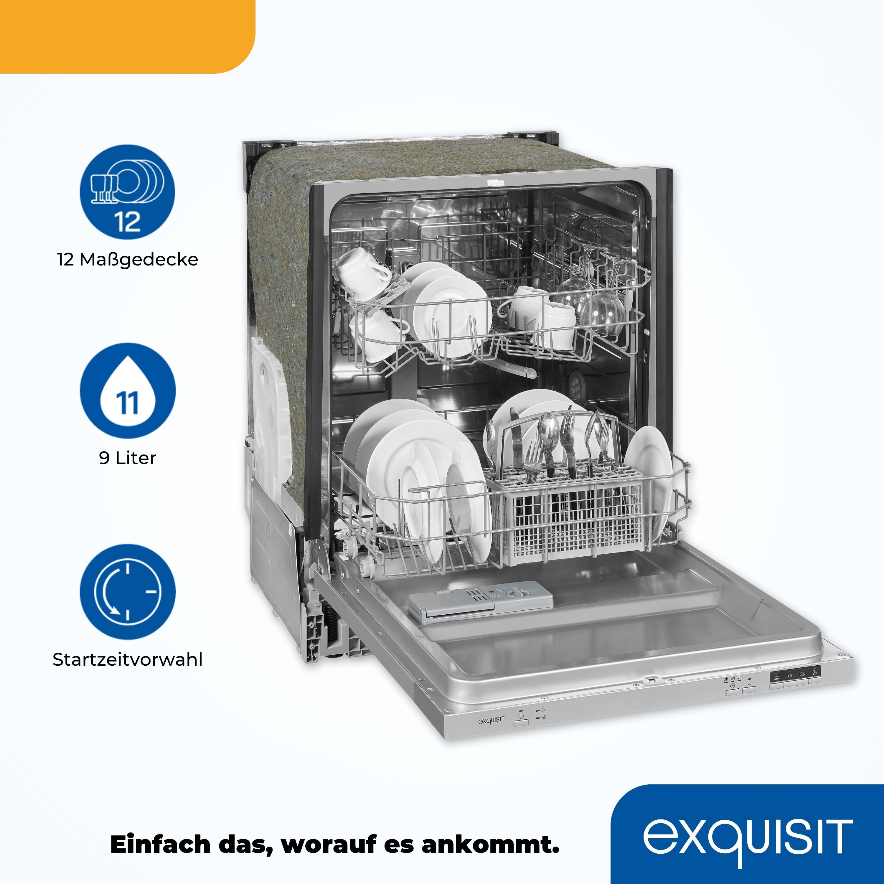 exquisit vollintegrierbarer Geschirrspüler EGSP6012-E-030E silber, 11 l, 12 Maßgedecke, Vollintegriert, 12 Maßgedecke – sparsam mit 4 Programmen & LED