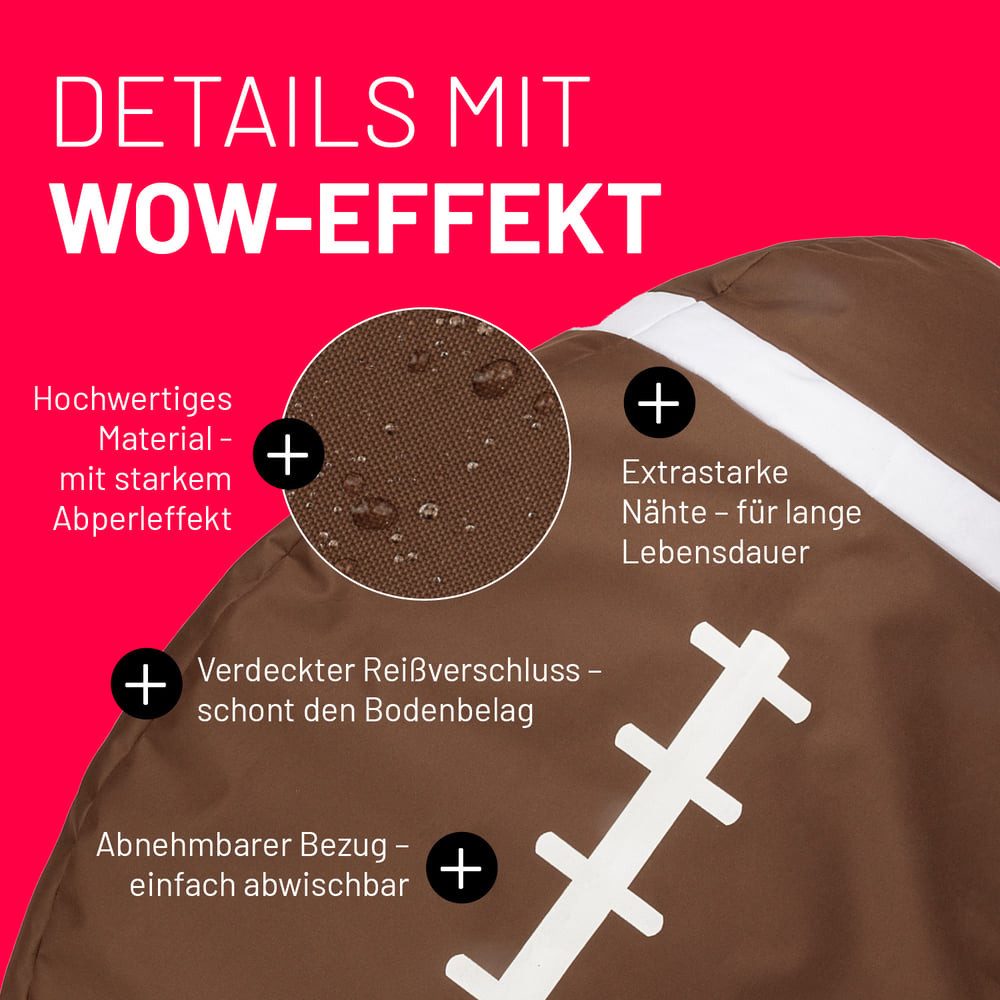 Lumaland Sitzsack Football-Sitzsack 80 x 160 cm XL Bodenkissen Gaming, Indoor/Outdoor wasserabweisend waschbar robust