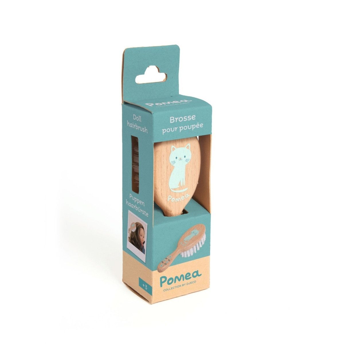 DJECO Puppen Accessoires-Set Pomea Puppen Haarbürste Buchenholz Katzendesign