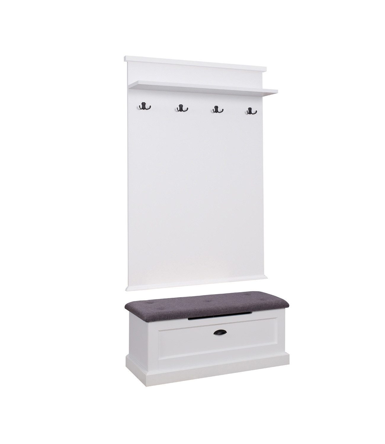 Feldmann-Wohnen Garderoben-Set Galineo, (1x Wandpaneel, 1x Sitzbank,1x Ablageboden, ABS-Kanten, Polsterung in grau, 2-St., Ein praktisches Garderoben-Set im Landhaus-Stil), 100x42x184,5cm, Farbe weiß, Garderoben-Set, 2-teilig