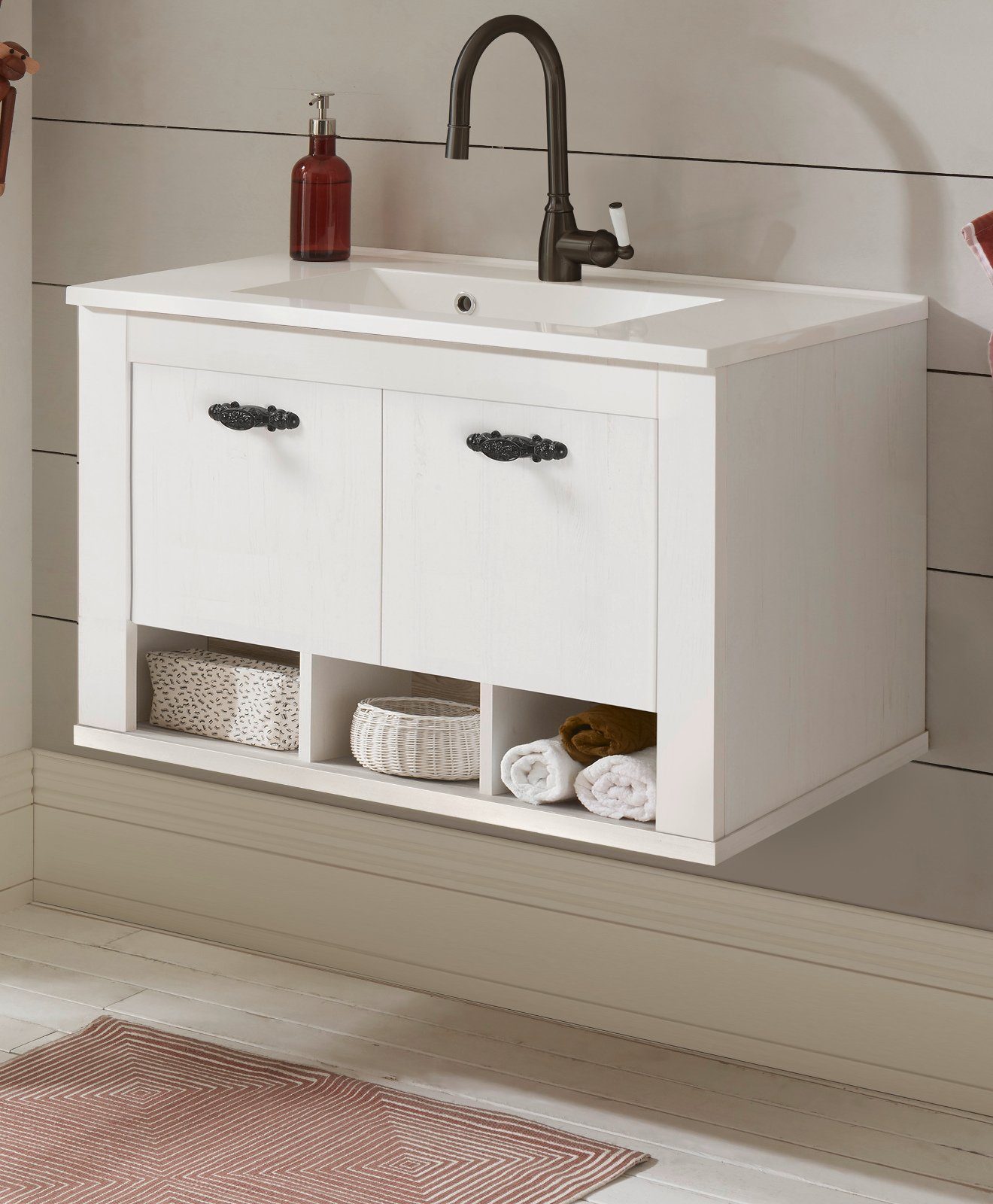Furn.Design Waschtisch Rovola (in weiß Pinie mit Oslo Pinie, Landhaus), mit Waschbecken
