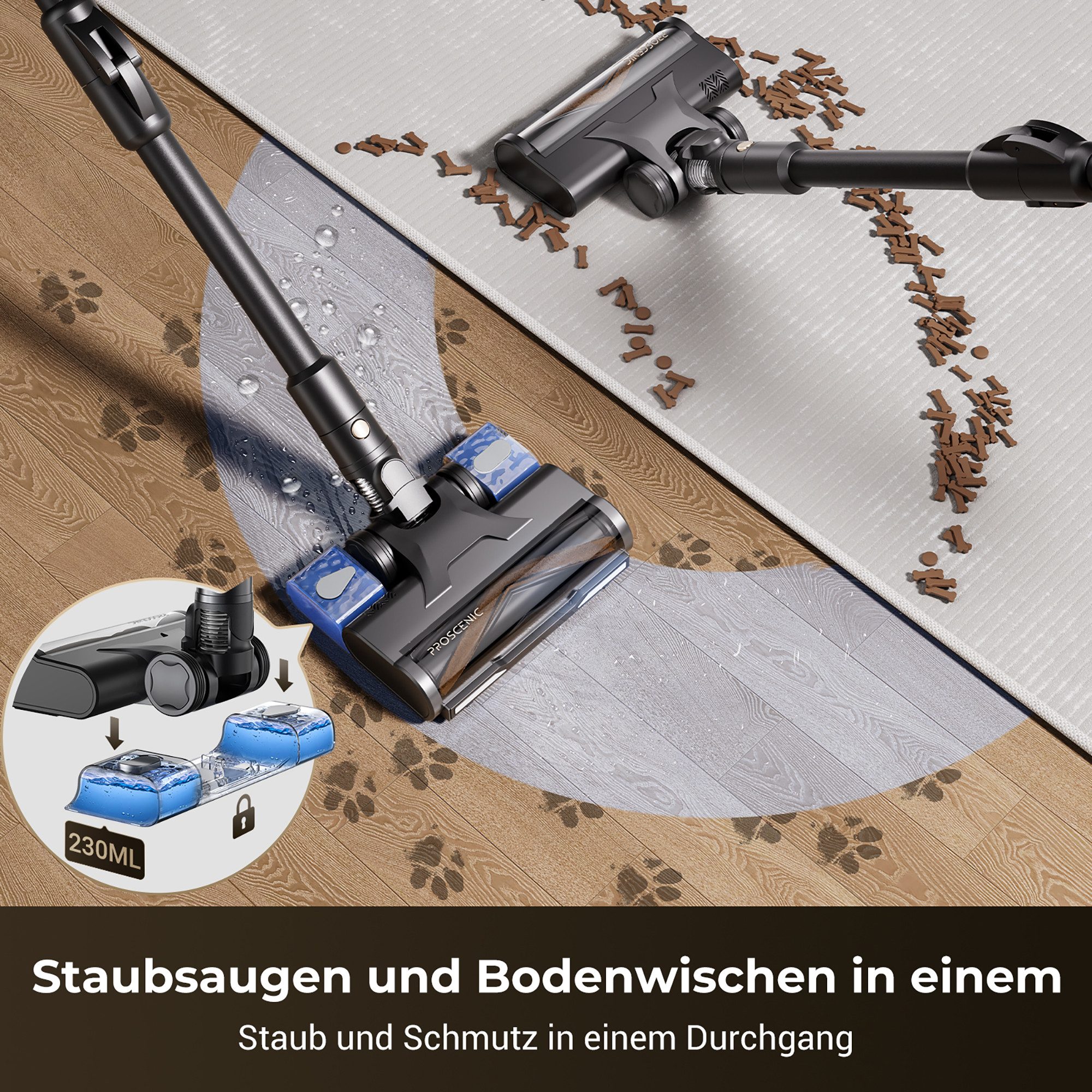 Proscenic Akku-Hand-und Stielstaubsauger kabellos, All in 1,87000PA/680W/70Min, Teppicherkennung, 680 W, beutellos, Teppicherkennung Klappstange, zur Reinigung unter niedrigen Möbeln