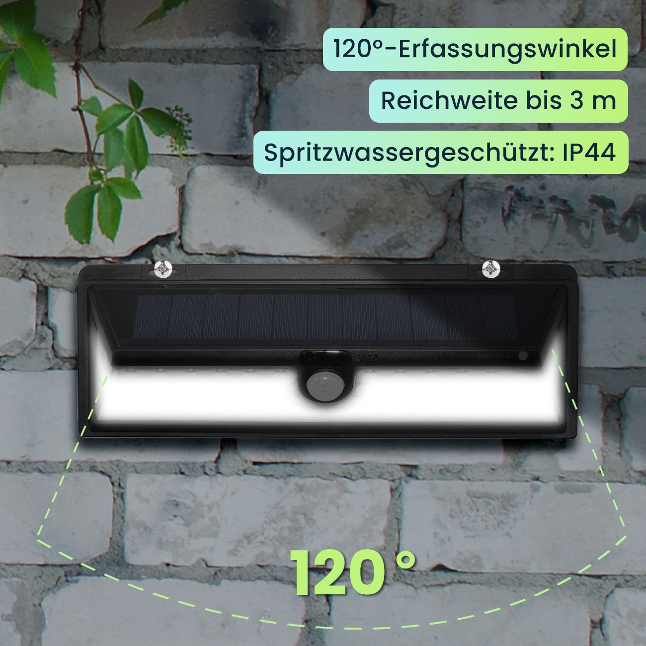 Casativo LED Außen-Wandleuchte Solar-Wandleuchte mit PIR-Sensor 66 LEDs 800 lm 13,2W IP44, LED fest integriert, 66 helle LEDs mit je 0,2 Watt (13,2 Watt gesamt) – Bild 4 von 5