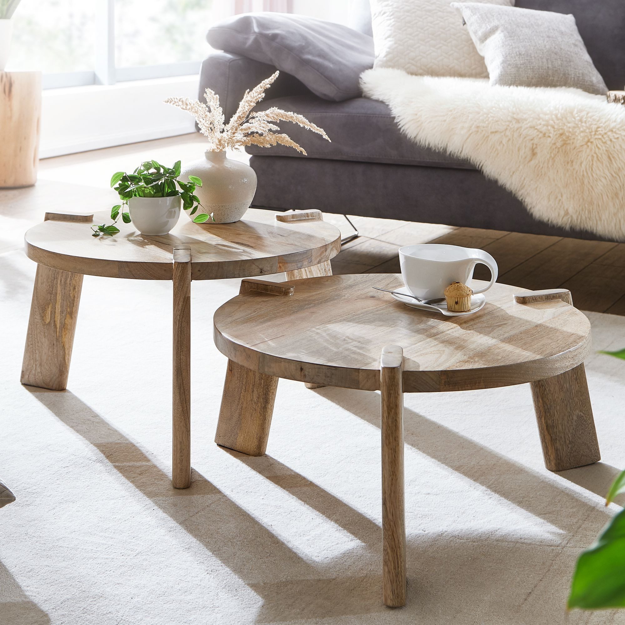 FINEBUY Satztisch Couchtisch Set 2er Massiv rund Wohnzimmertisch Beistellti günstig online kaufen