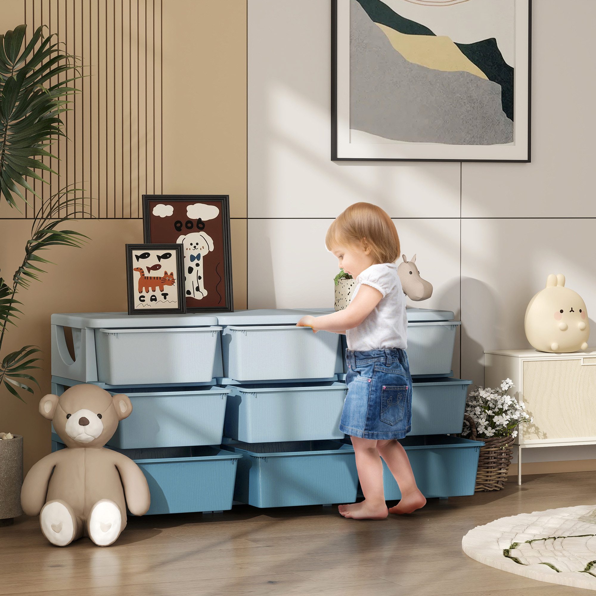 HOMCOM Spielzeugtruhe Spielzeug-Organizer mit 9 Schubladen (Schubladenschrank, 1 St., Spielzeugkiste), für 3-6 Jahre Kinder Blau 113 x 37 x 56,5 cm