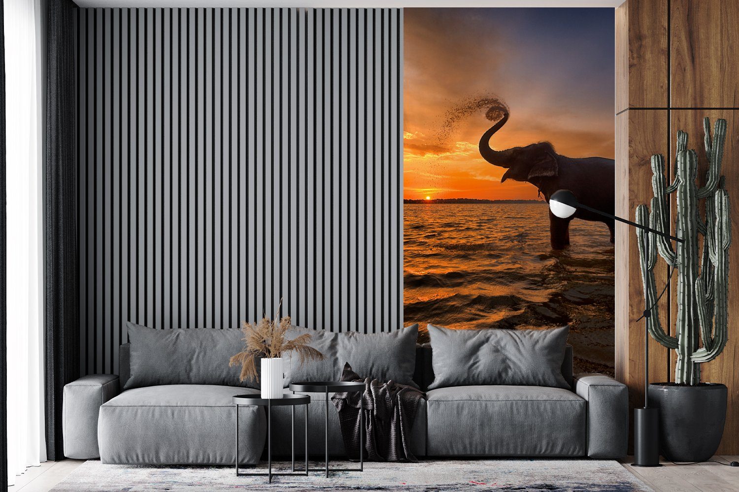 Tiere - bedruckt, - Schlafzimmer Küche, (2 Wohnzimmer Vliestapete Orange, für Fototapete Meer St), Fototapete - Matt, MuchoWow Elefant Sonnenuntergang -