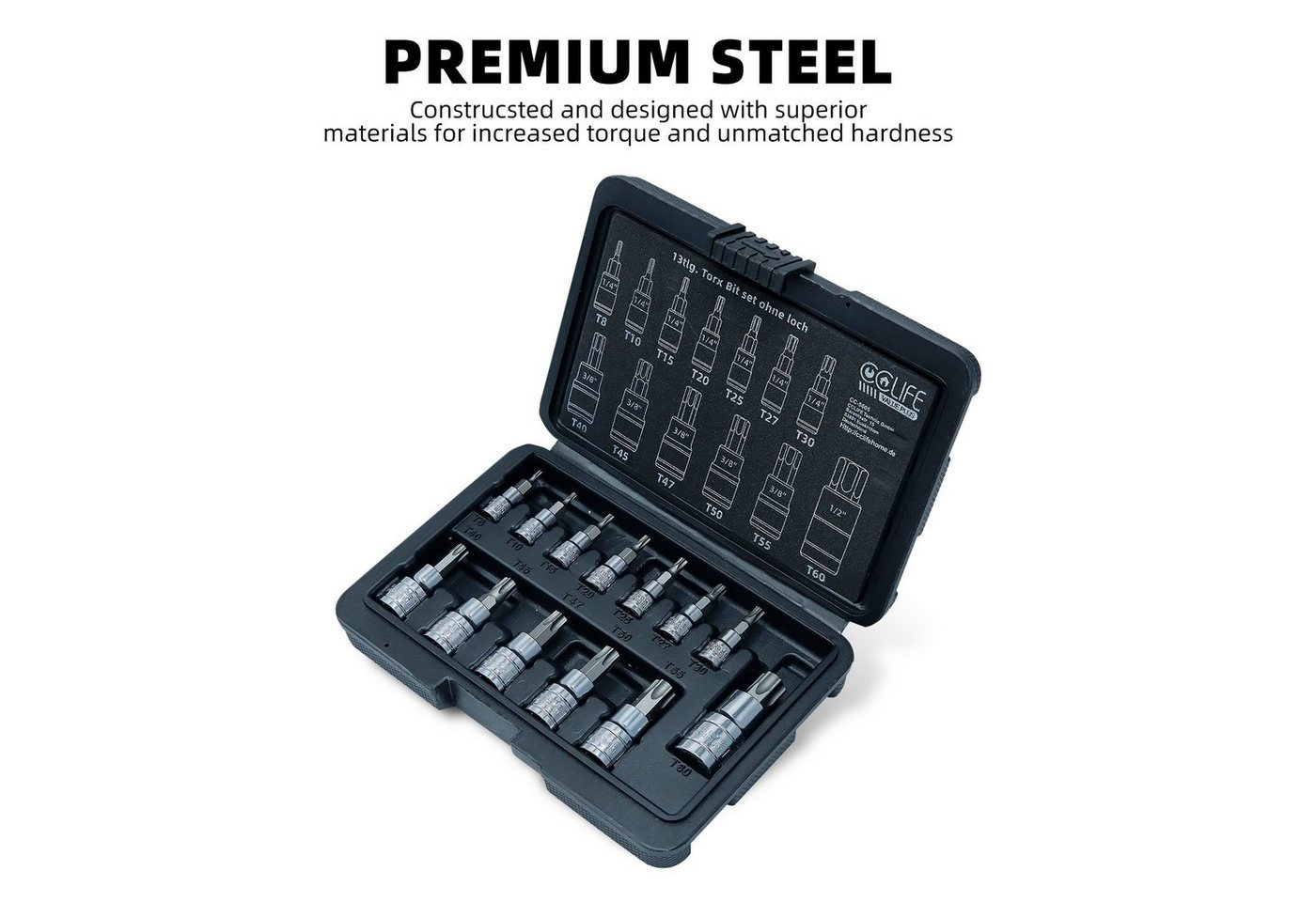 Thumbnail - CCLIFE Steckschlüssel 13tlg Torx Bit Steckschlüsselsatz T8 -T60 bit set S2 Legierungsstahl
