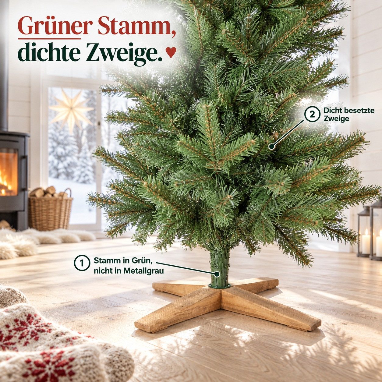 Onbest Künstlicher Weihnachtsbaum Premium wie echt 180cm, 220cm, mit Holzständer, Naturgetreu und Dicht, Nordmann-Tannenbaum, schwer entflammbar – Bild 5 von 5