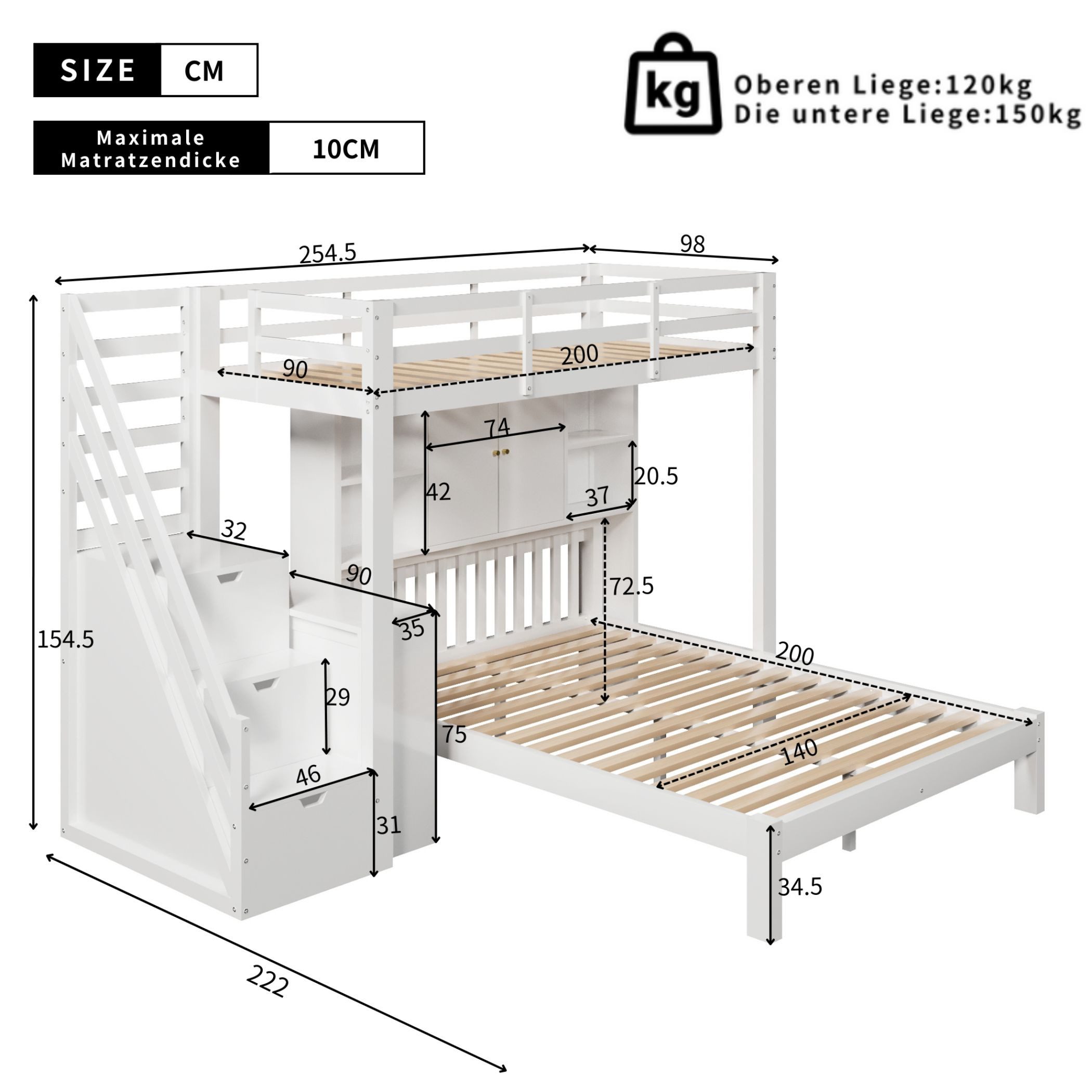 SeedWave Etagenbett Kinder-Etagenbett 90x200cm + 140x200cm mit großem Staur günstig online kaufen