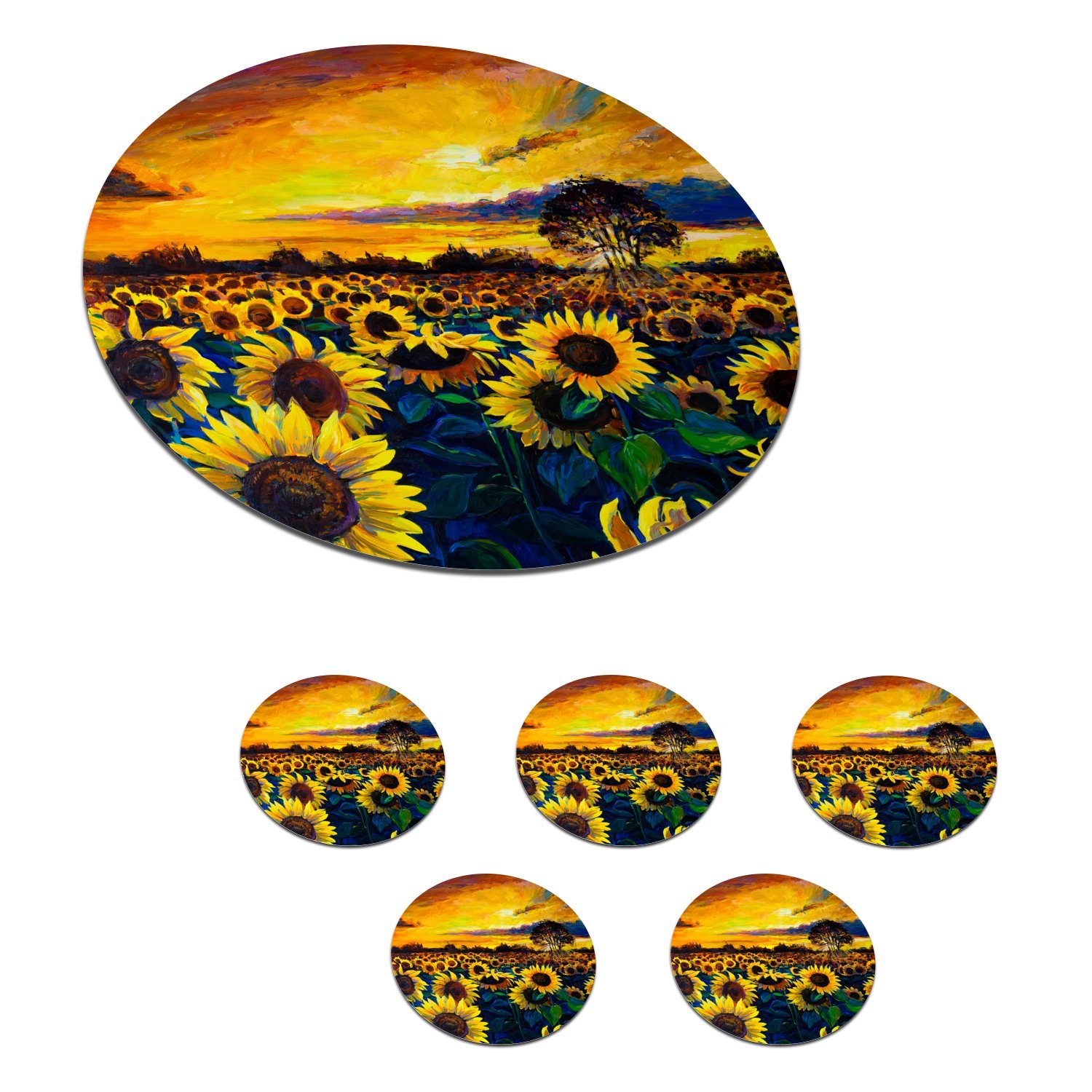 MuchoWow Glasuntersetzer Gemälde - Ölfarbe - Blumen - Sonnenblume, Zubehör für Gläser, 6-tlg., Getränkeuntersetzer, Tassenuntersetzer, Korkuntersetzer, Tasse, Becher