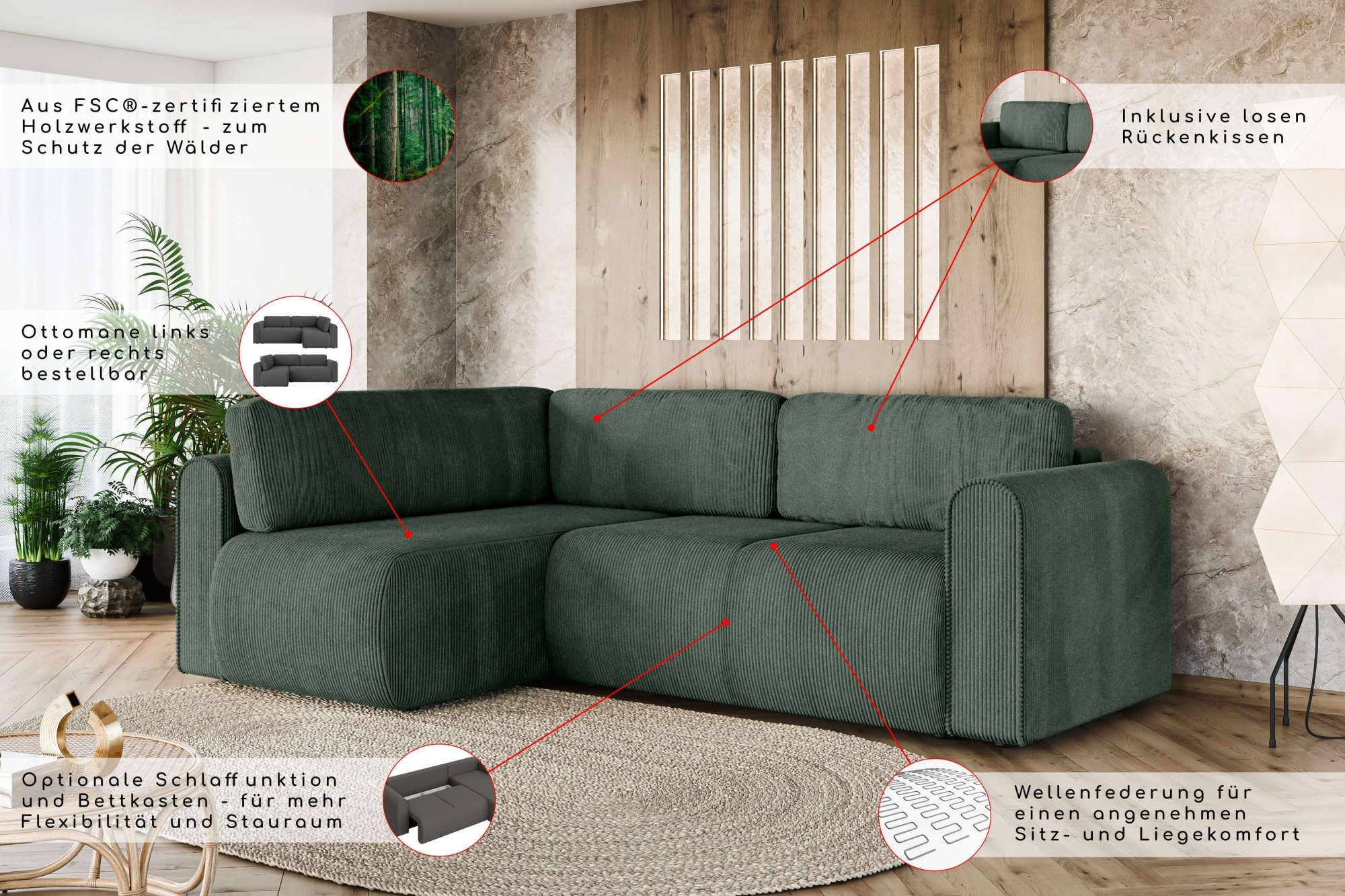 OTTO home Ecksofa Zacharia wahlweise Schlafsofa mit Bettkasten, B/T/H 250/166/86 cm, L-Form mit Wellenunterfederung, Ottomane rechts oder links bestellbar